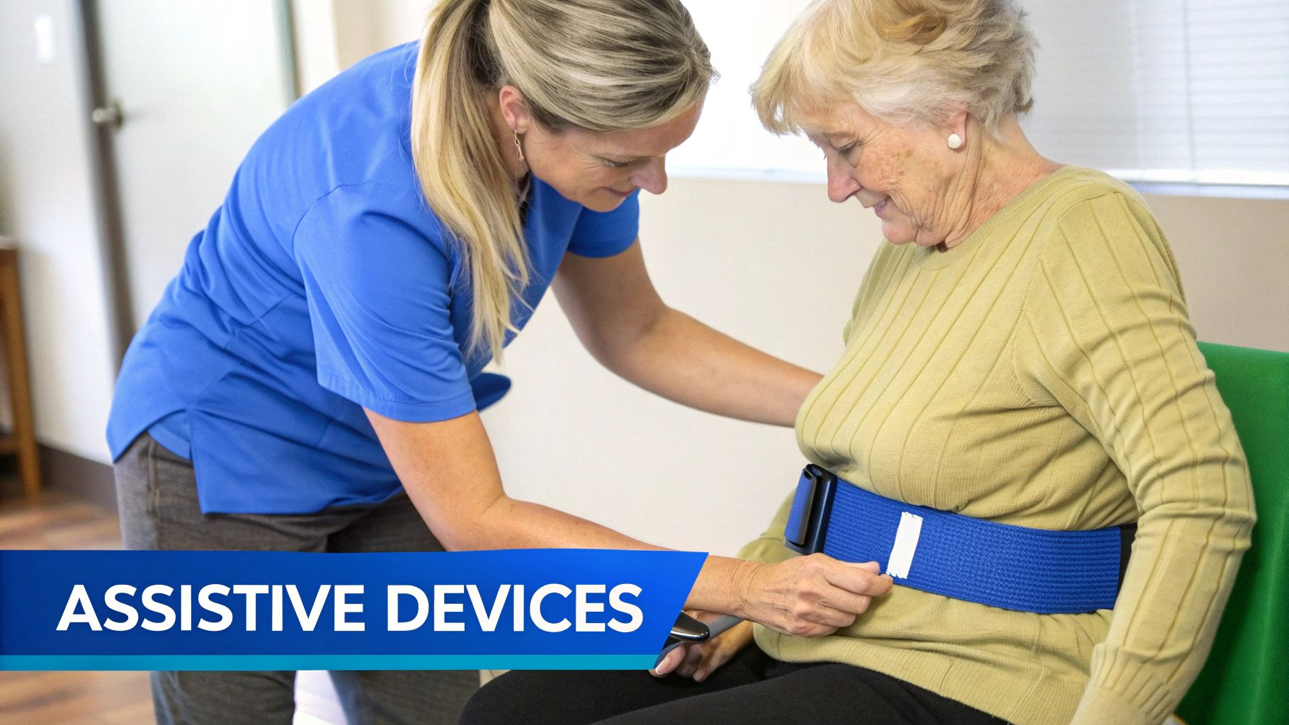 A caregiver uses an assistive device to help an elderly person stand up safely.