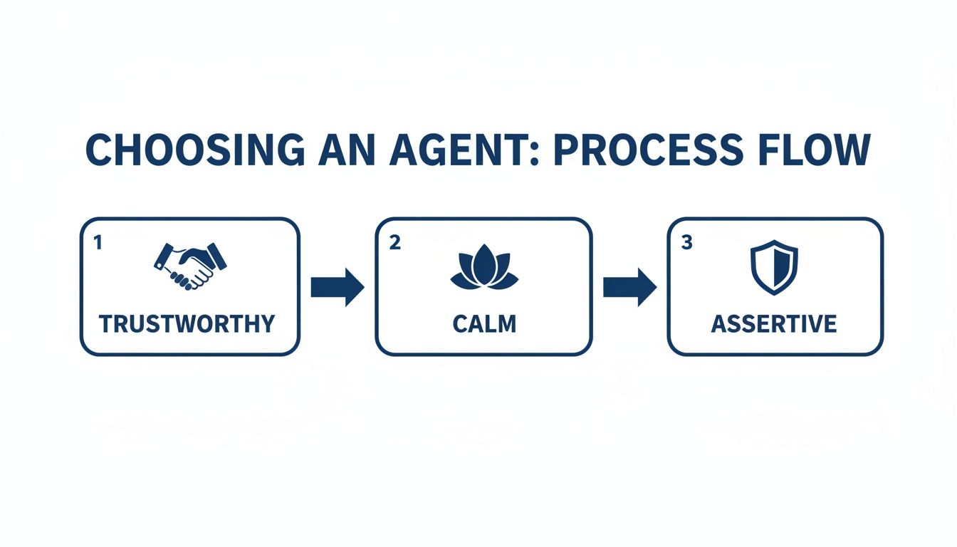 A process flow diagram illustrating three key qualities for choosing an agent: Trustworthy, Calm, and Assertive.