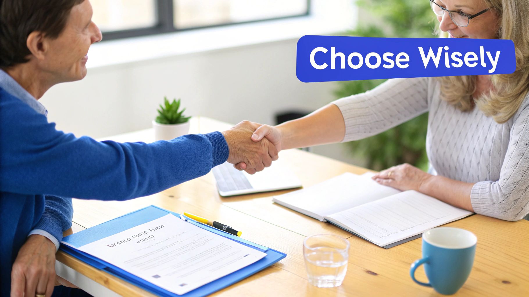 Two adults shaking hands over documents, making a thoughtful decision for elderly care.