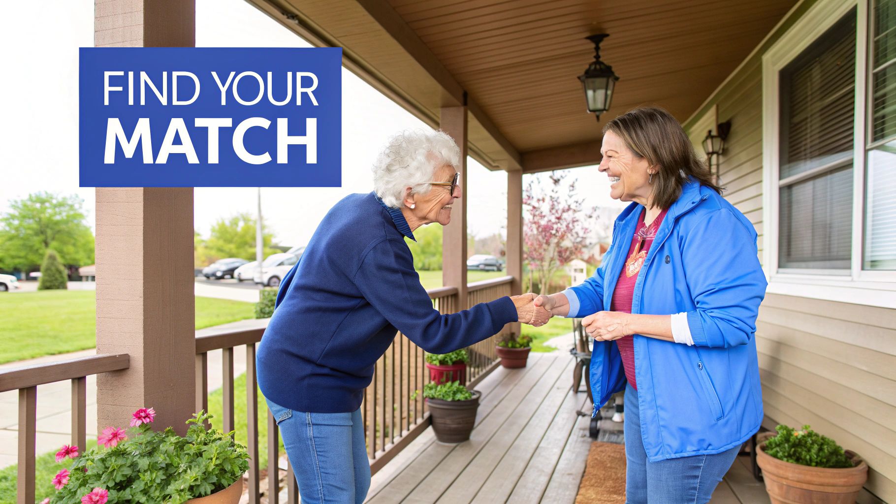 A caregiver and senior woman reviewing a document together at a table.