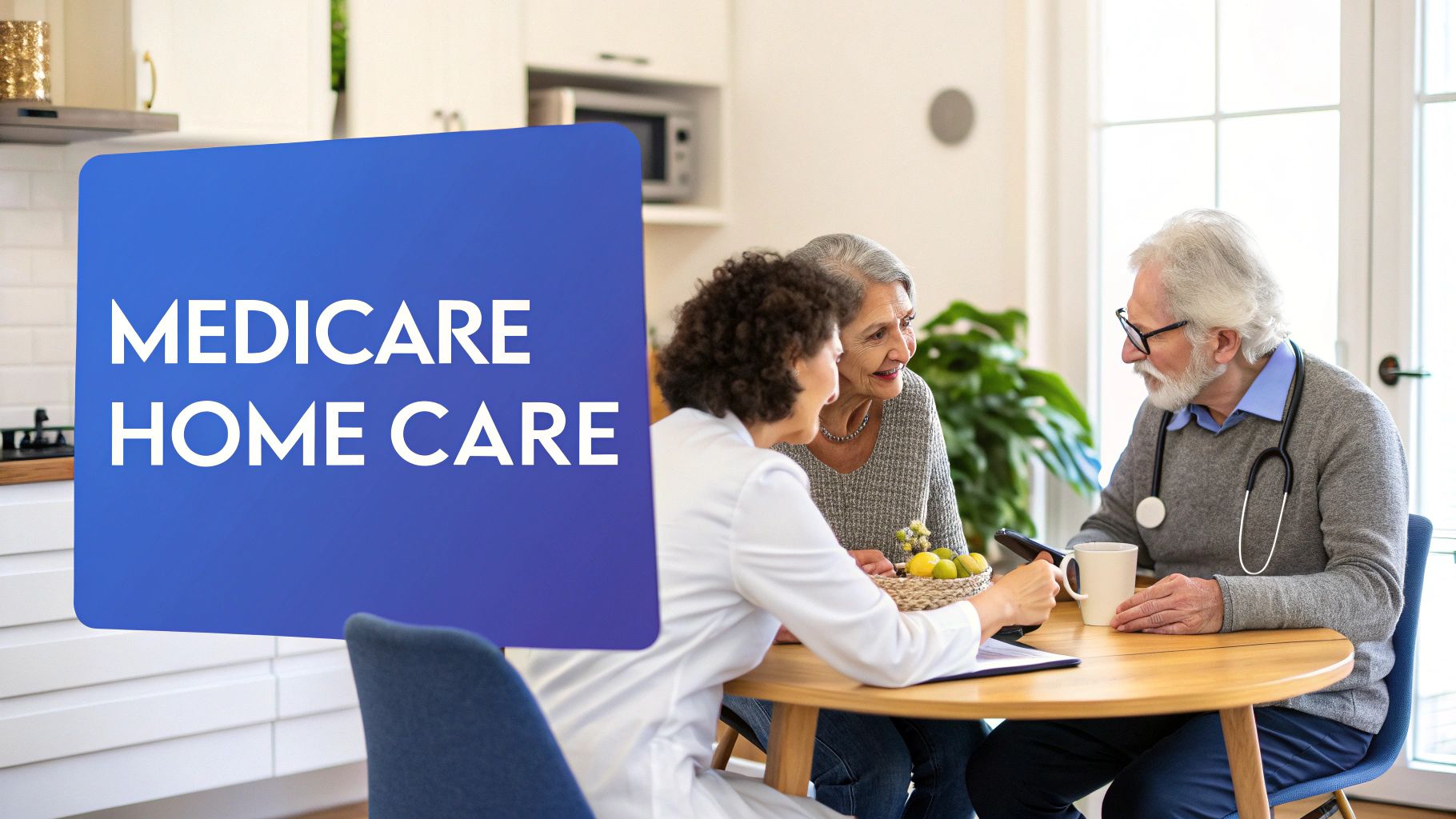 An elderly woman sitting in a chair while a caregiver helps her with a tablet.