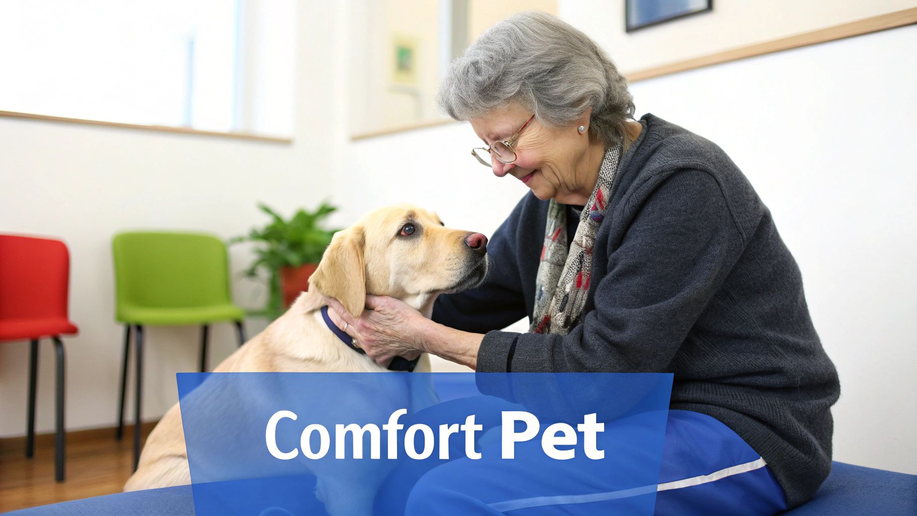 A senior woman with glasses petting a friendly yellow labrador dog, a comfort pet.