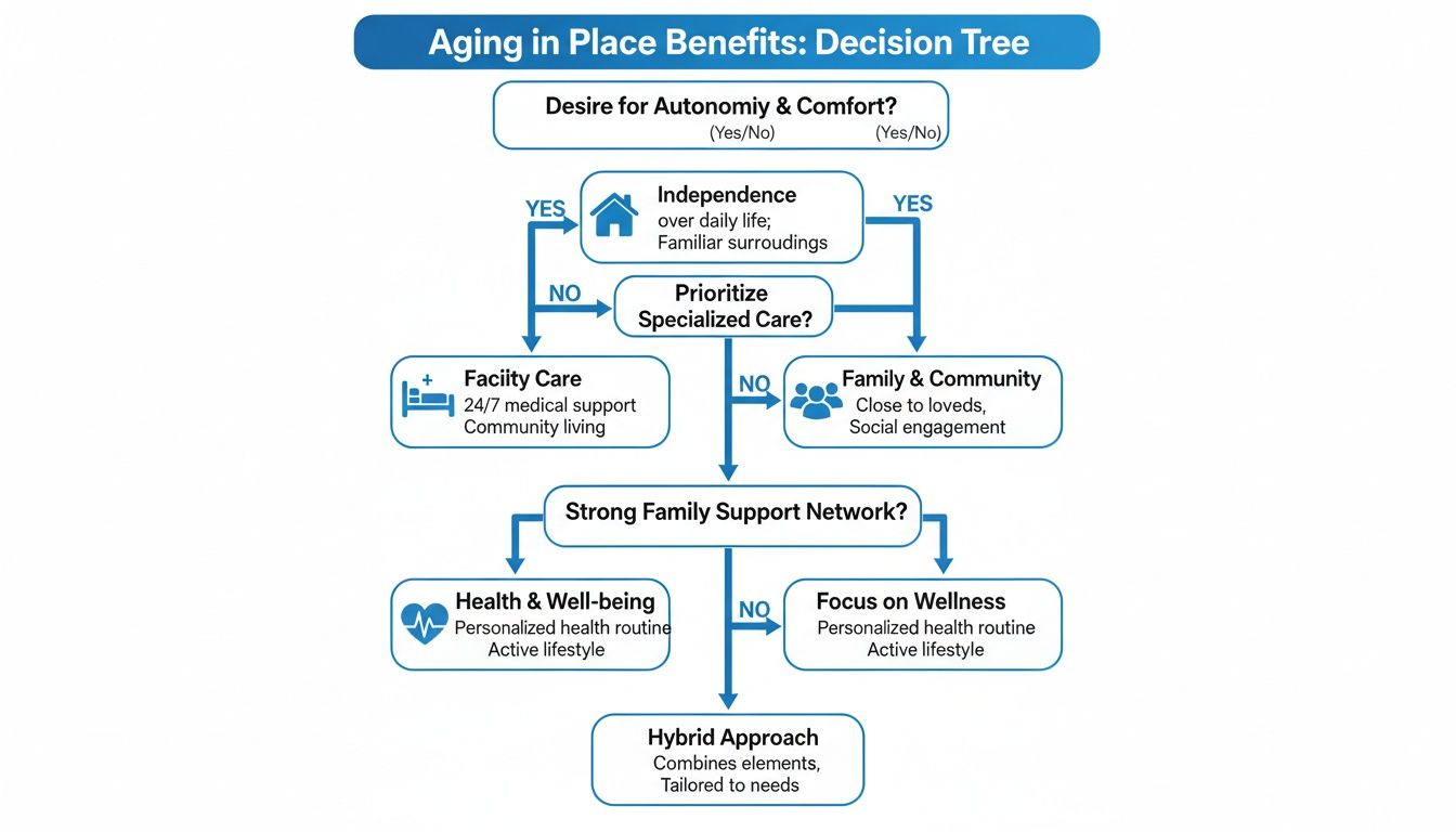 Decision tree for aging in place benefits, exploring choices like autonomy, independence, specialized care, and family support.