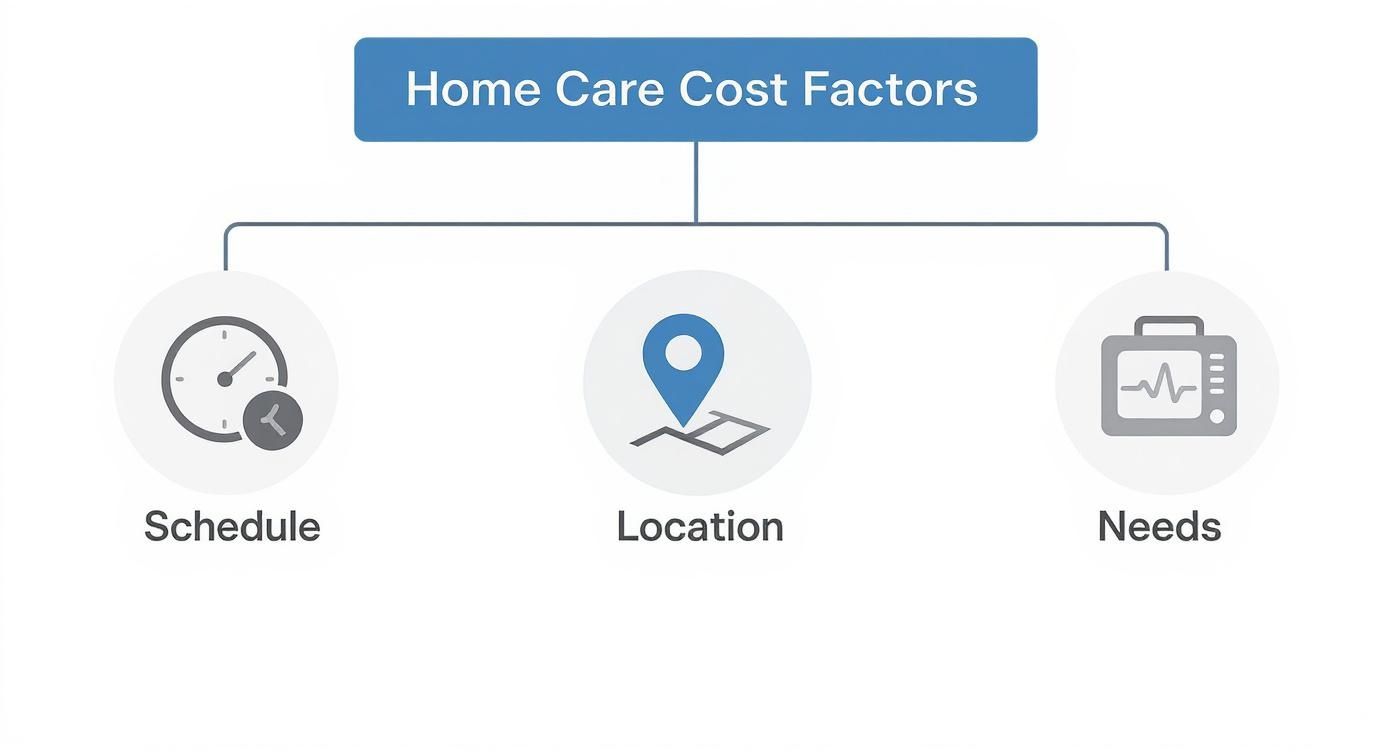 A diagram illustrating the key cost factors for home care services: schedule, location, and specific needs.