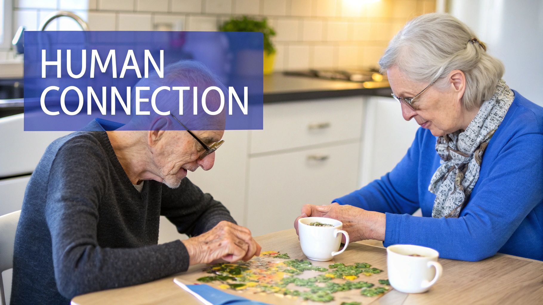 Two seniors, an elderly man and woman, connect over a jigsaw puzzle at home, with hot beverages.