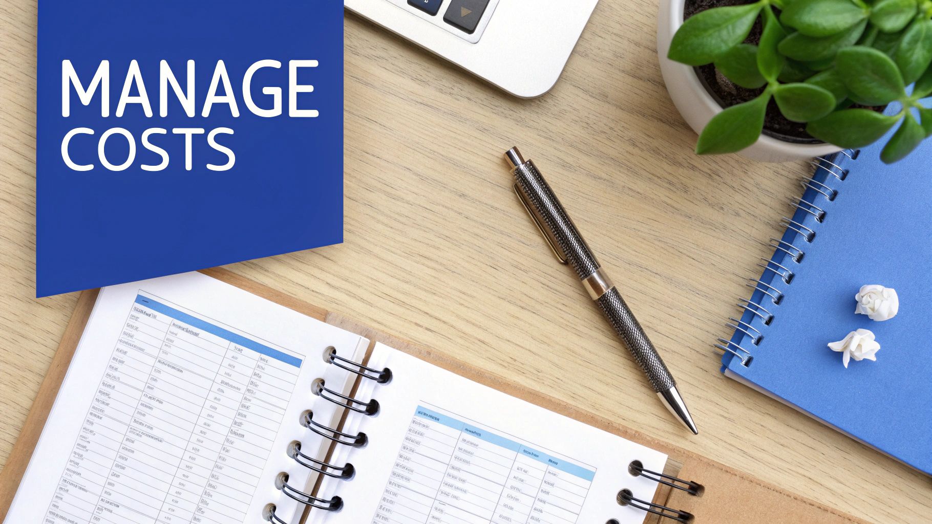 Overhead view of a wooden desk with a blue sign displaying 'MANAGE COSTS', a pen, and notebooks.