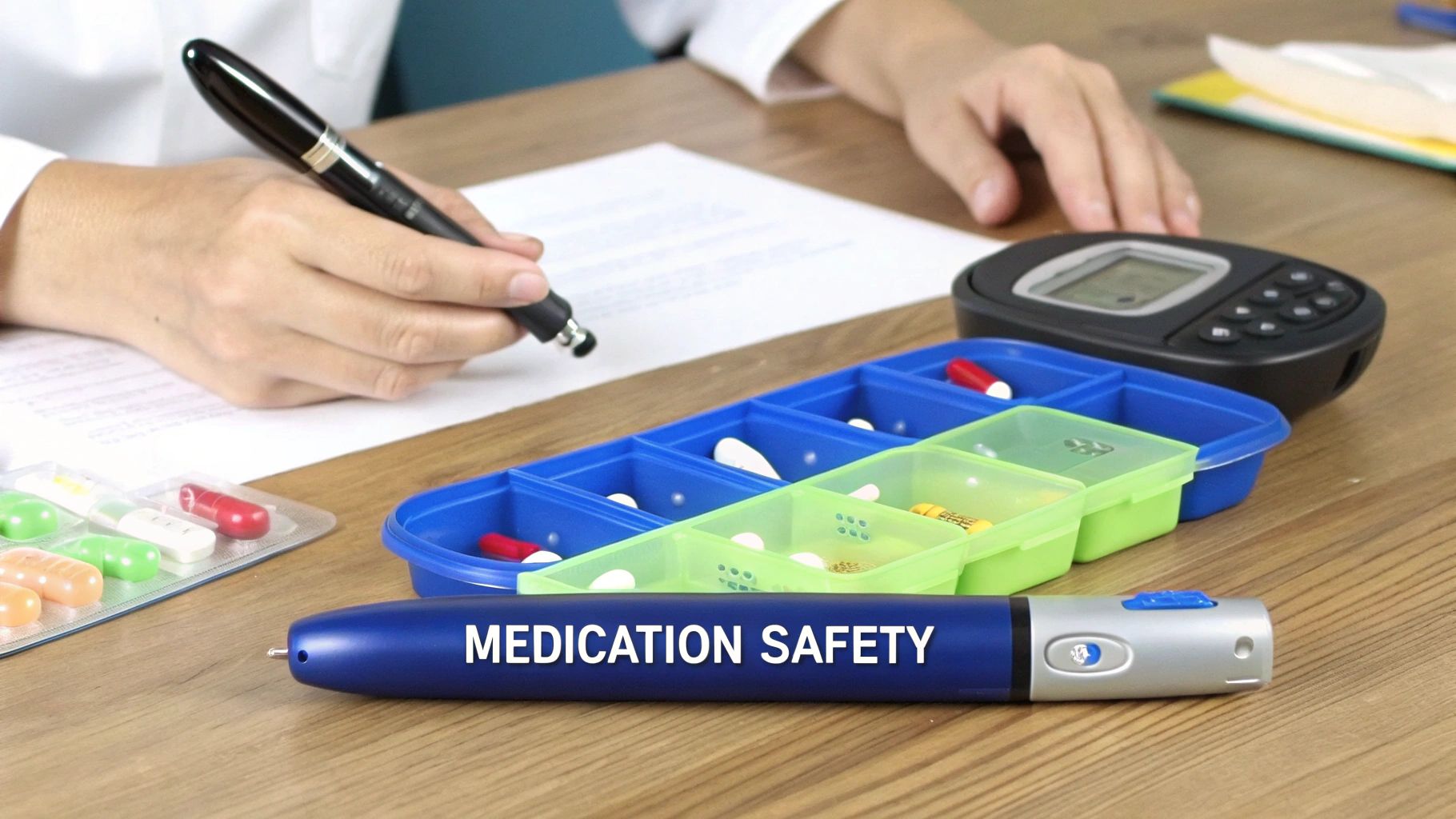 A person writes on a desk with a pill organizer, medical device, and 'Medication Safety' pen.