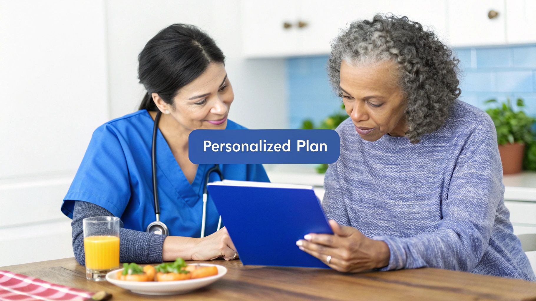 A caregiver and an elderly woman review a personalized care plan together at a table.