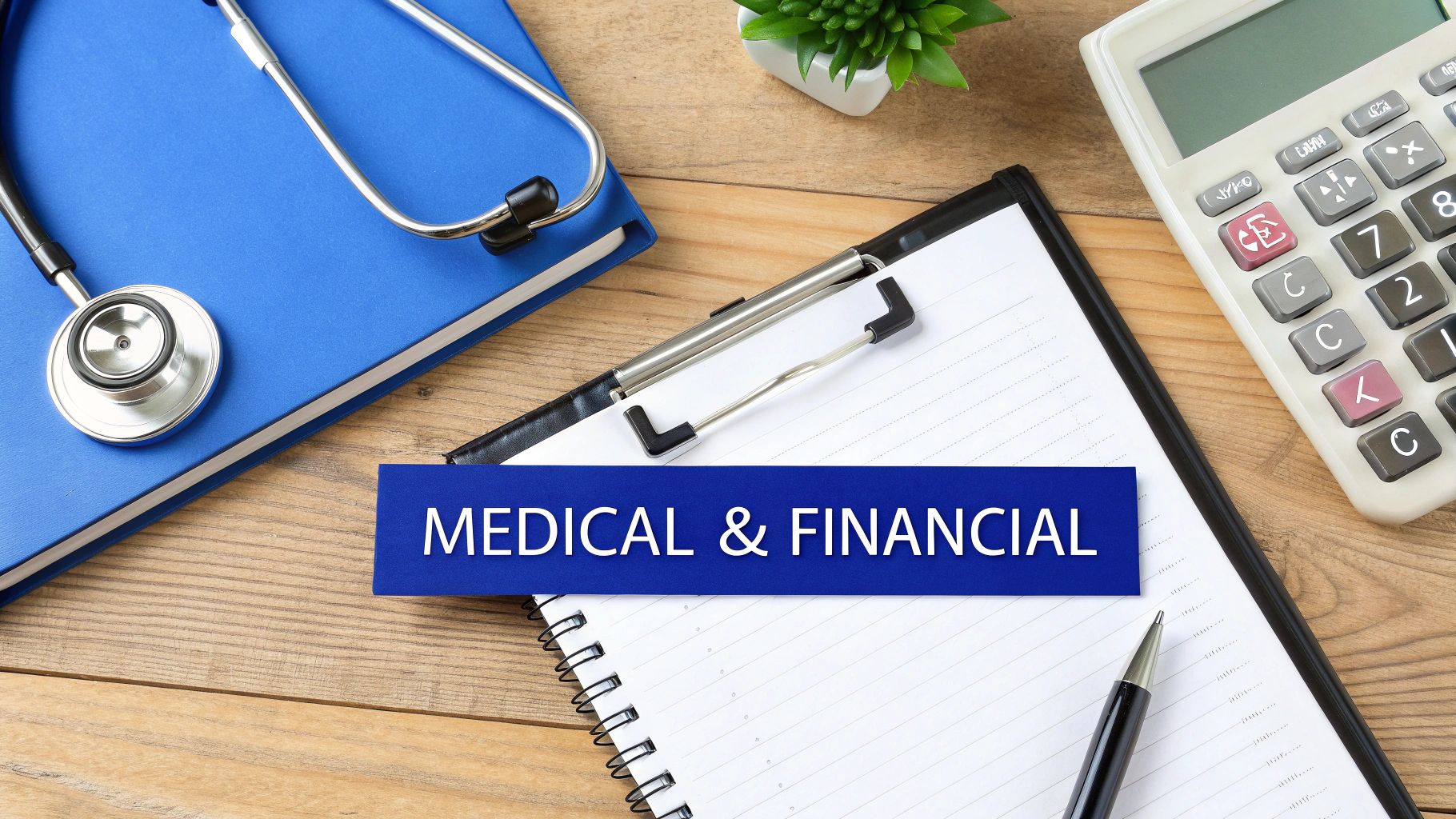 A stethoscope, calculator, and notebook on a wooden desk with a "Medical & Financial" banner.
