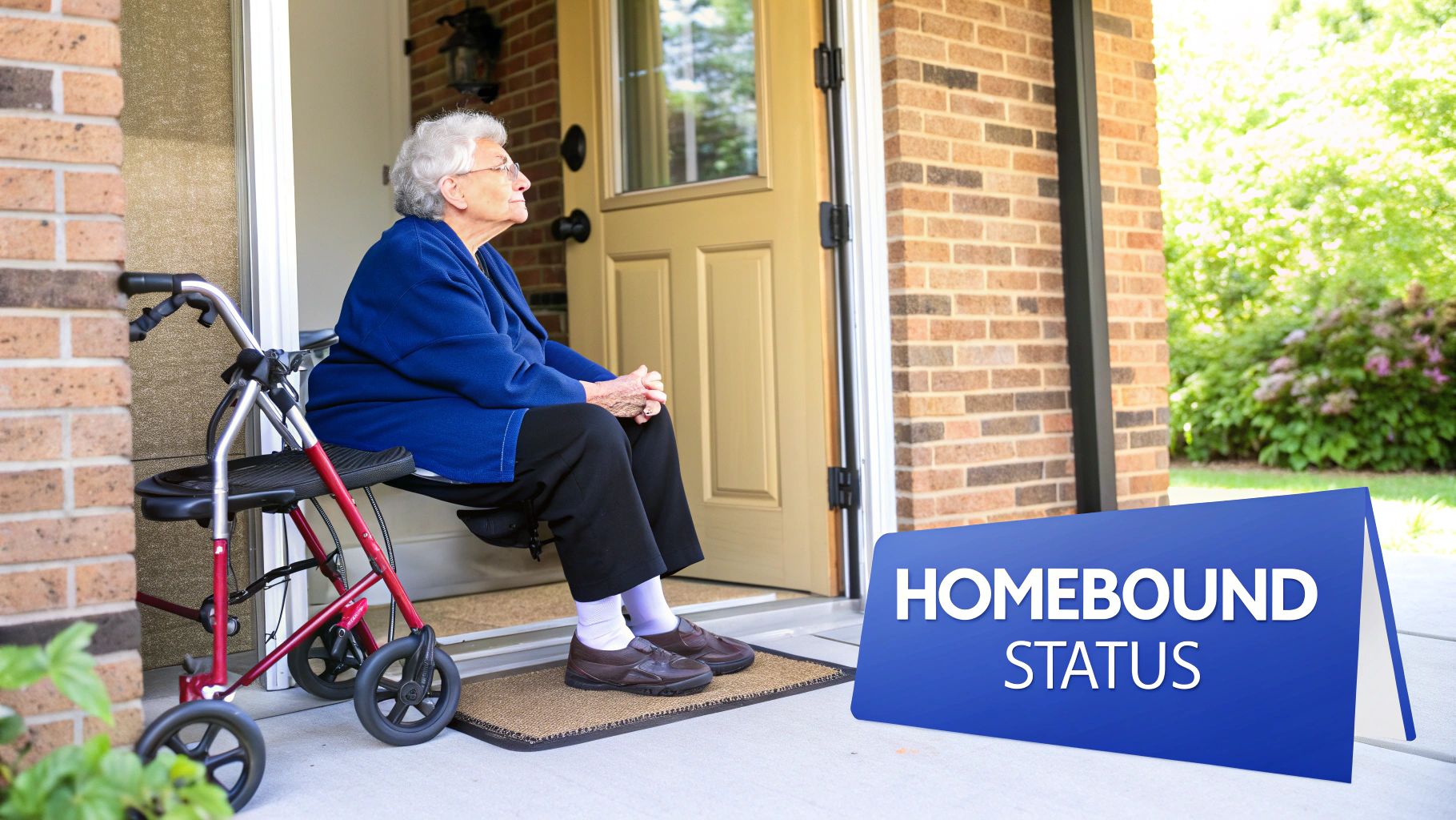 A senior woman sitting comfortably in her living room, looking out the window.