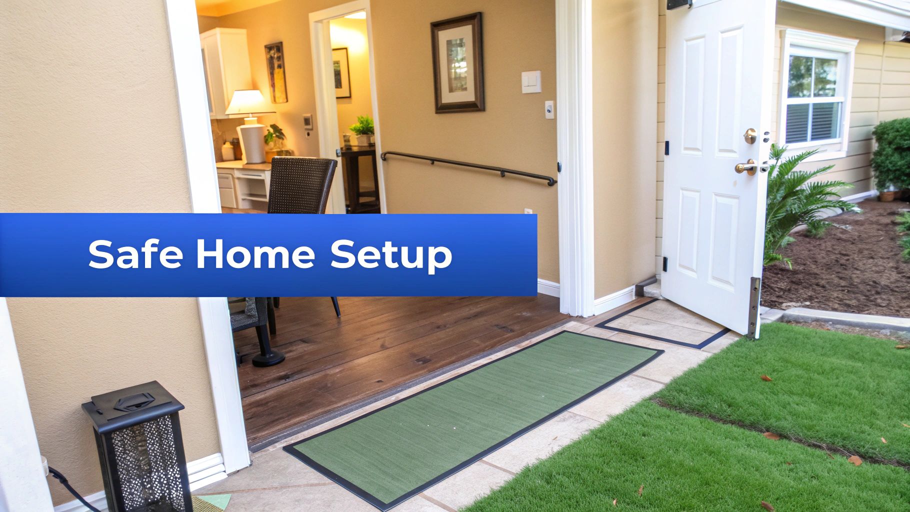 Accessible home entrance showing a handrail, wide doorway, and outdoor patio for safe home setup.