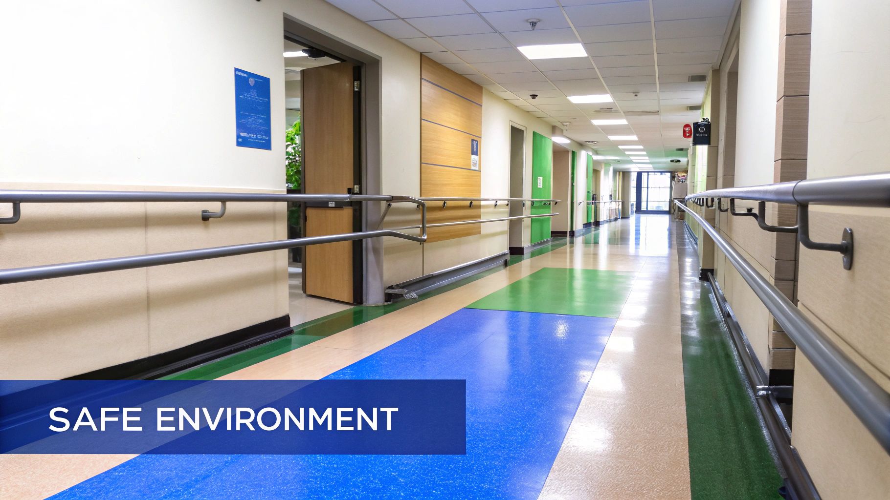 A well-lit, clutter-free room with a low bed and clear pathways, illustrating a safe environment for patients.