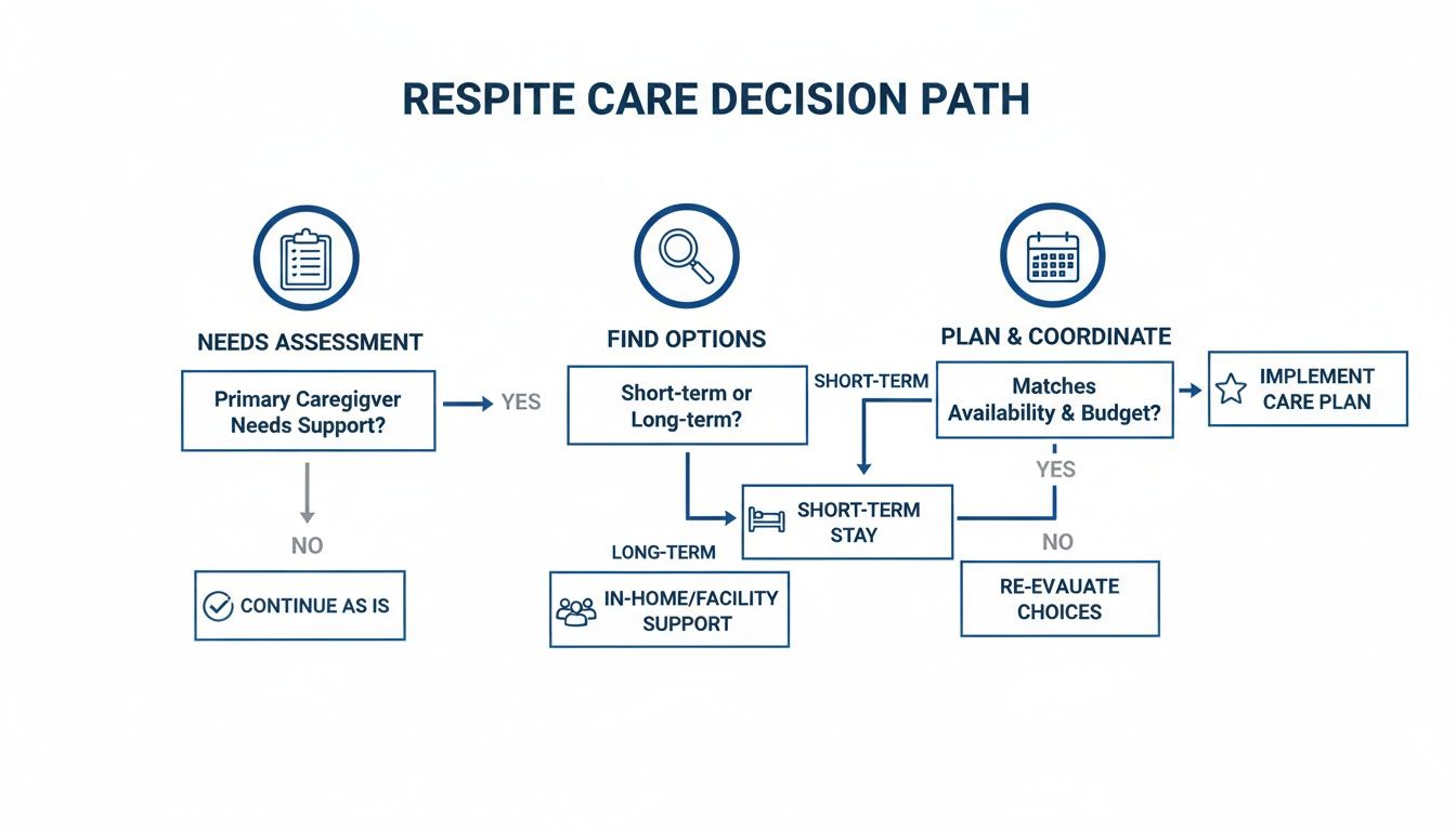 Flowchart illustrating the respite care decision path, from assessing caregiver needs to implementing a support plan.