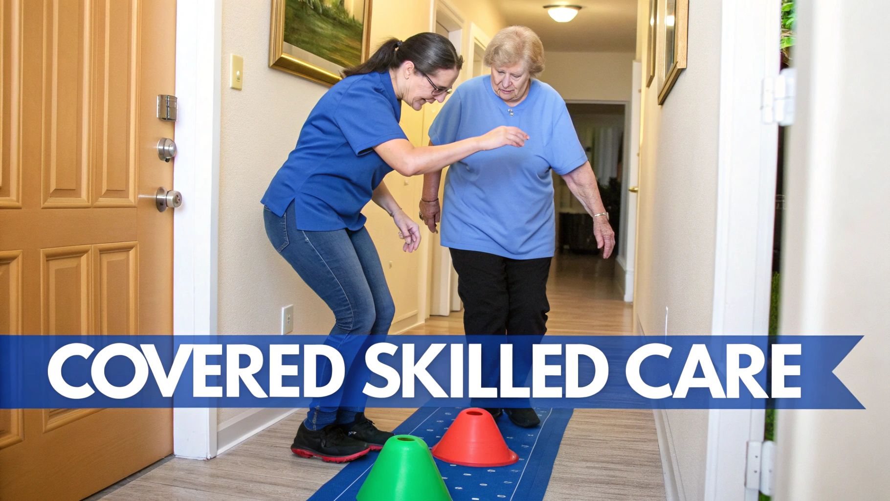 Healthcare professional assisting elderly woman with balance therapy exercises using colorful cones at home