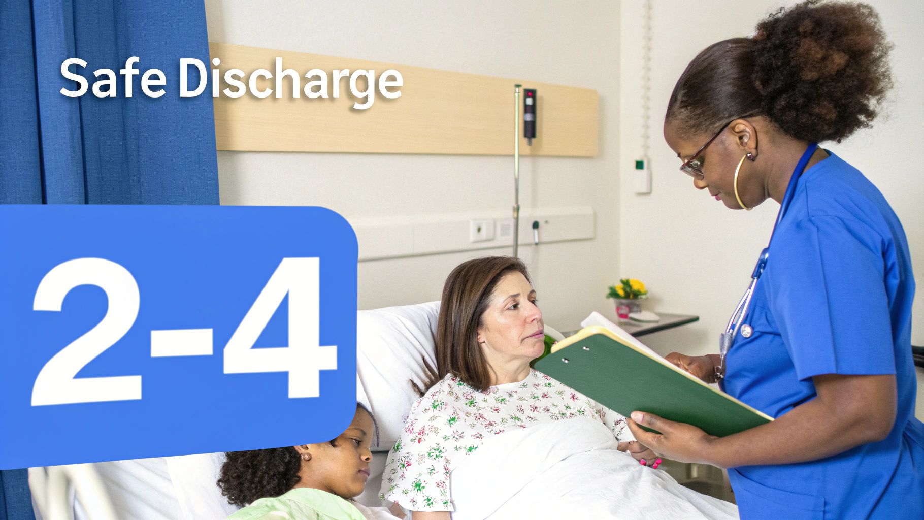 A nurse discusses safe discharge plans with a female patient and child in a hospital room.