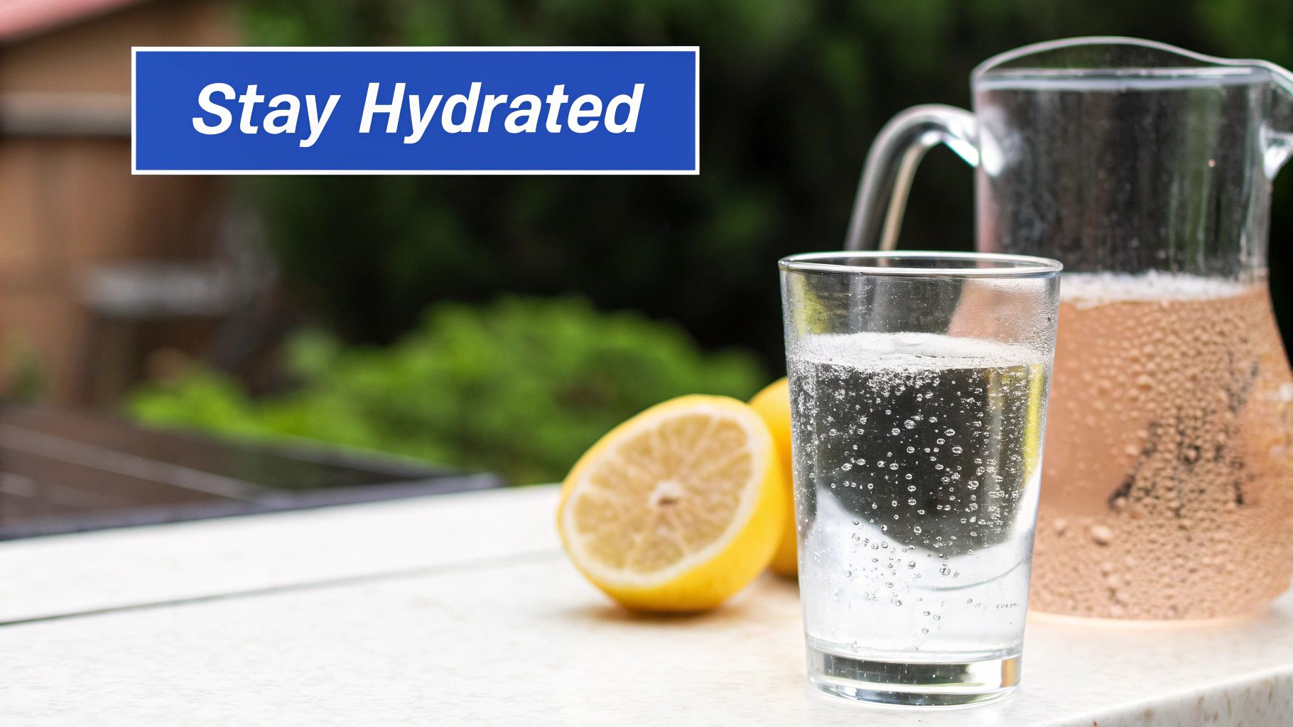 A refreshing glass of sparkling water and a pitcher of liquid with lemons, encouraging hydration.