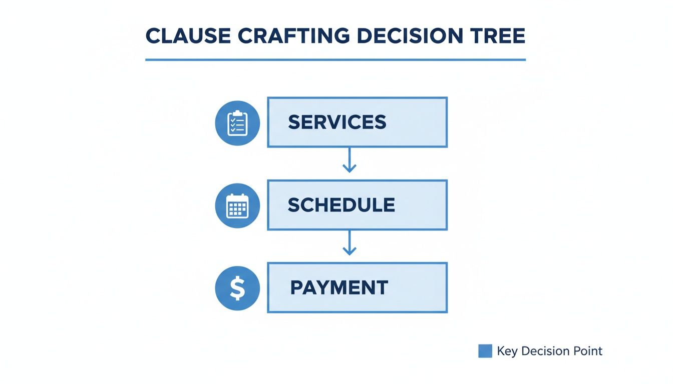 A clause crafting decision tree illustrating the sequential steps for creating a clause: Services, Schedule, and Payment.