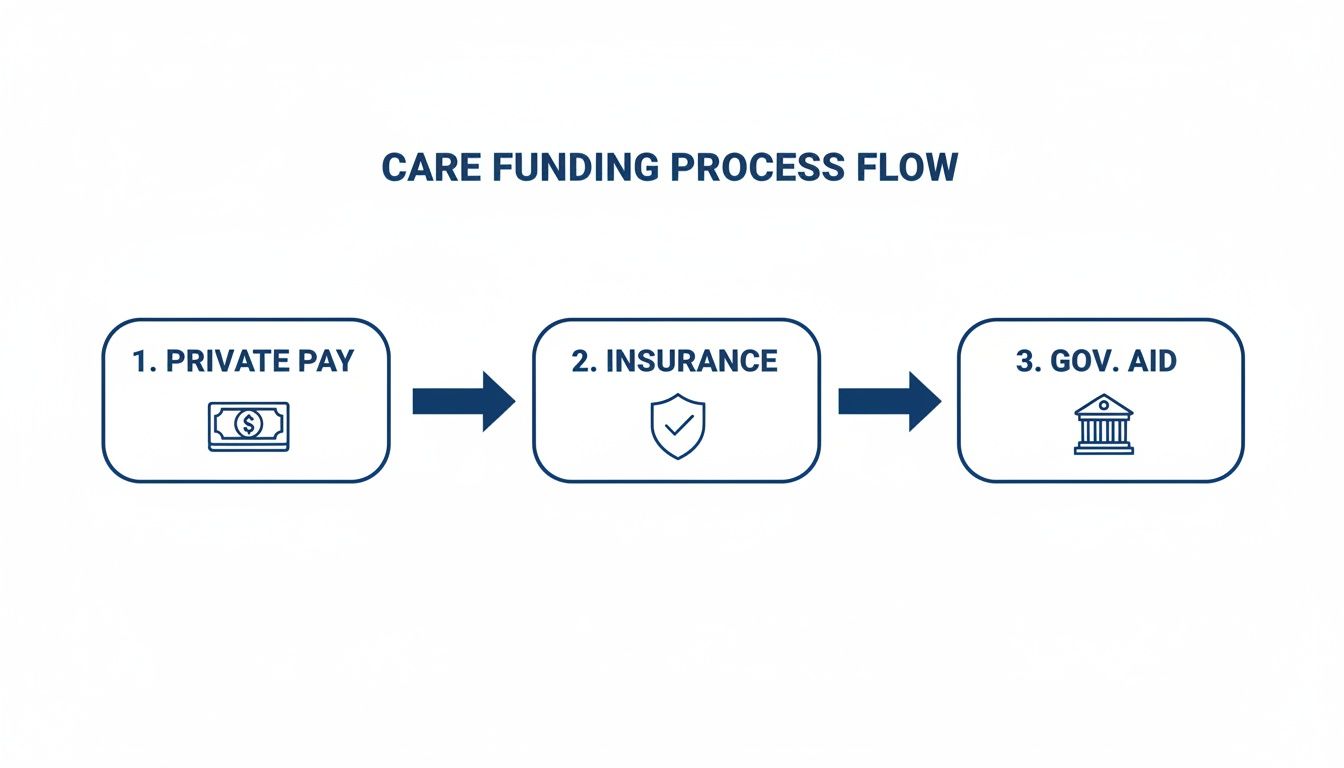 Flowchart illustrating the care funding process from private pay to insurance and government aid.