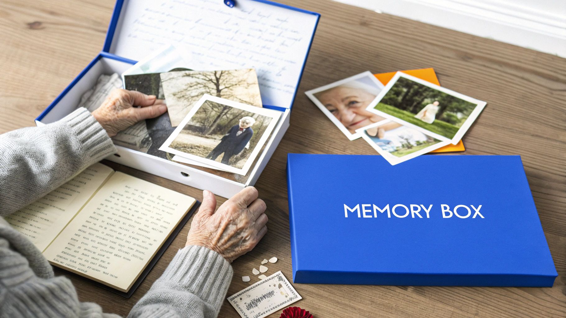 Elderly person's hands sorting through old photographs and memories from a blue 'Memory Box'.
