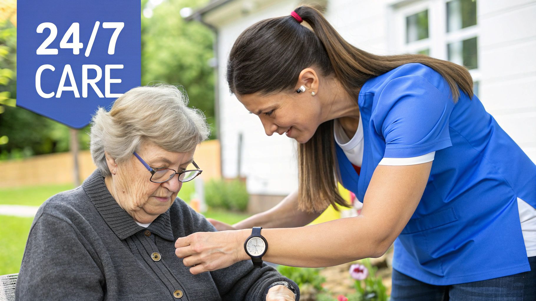 A caregiver and an elderly woman sharing a happy moment at a dining table.