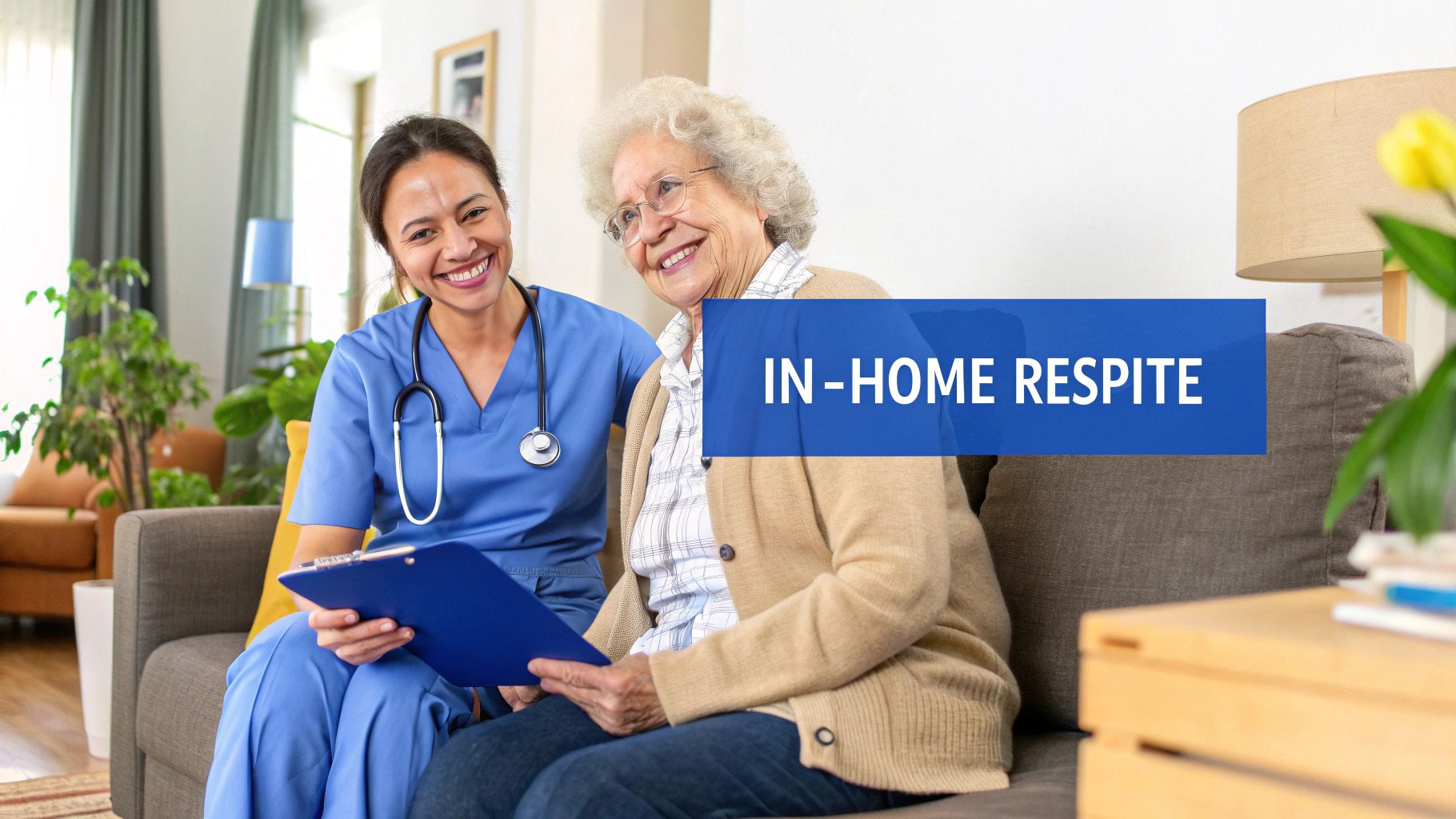 A smiling nurse sits with an elderly woman on a couch, with a banner reading 'IN-HOME RESPITE'.