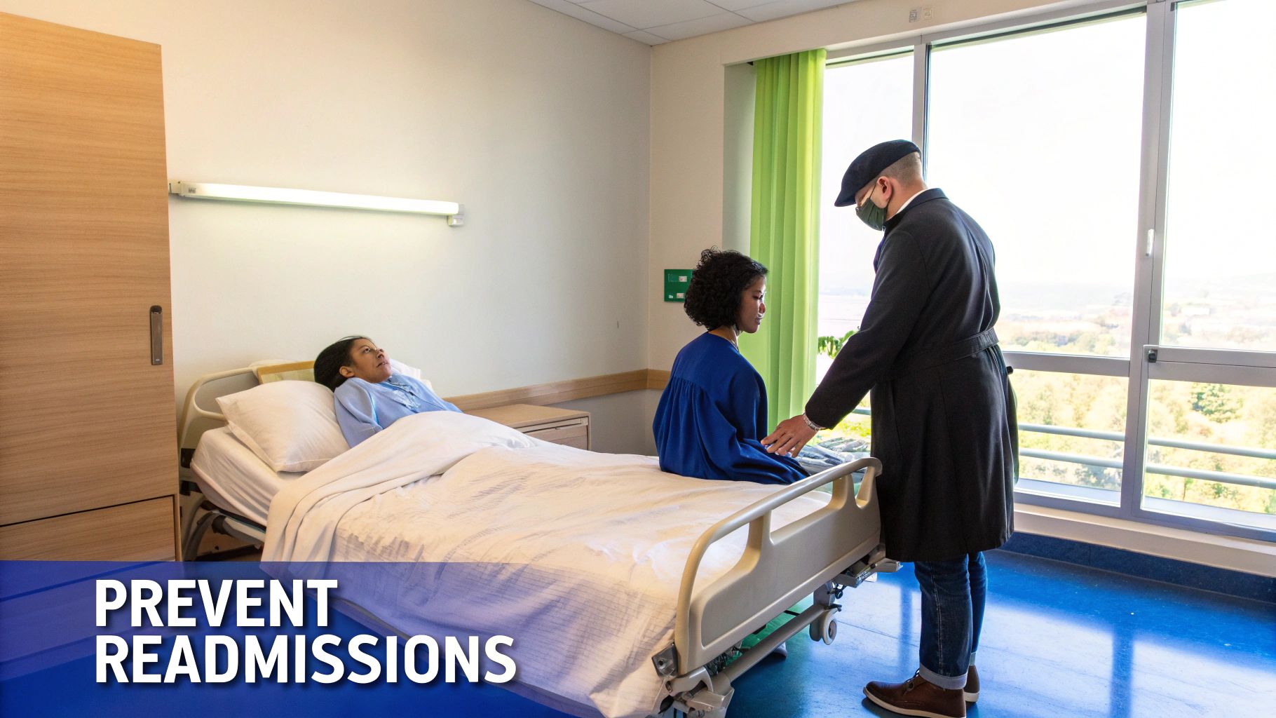 An elderly patient discussing a care plan with a healthcare professional in a bright, modern room.