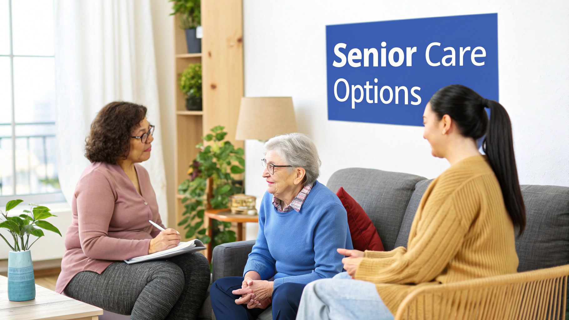Three women discussing senior care options in a living room, with one taking notes.