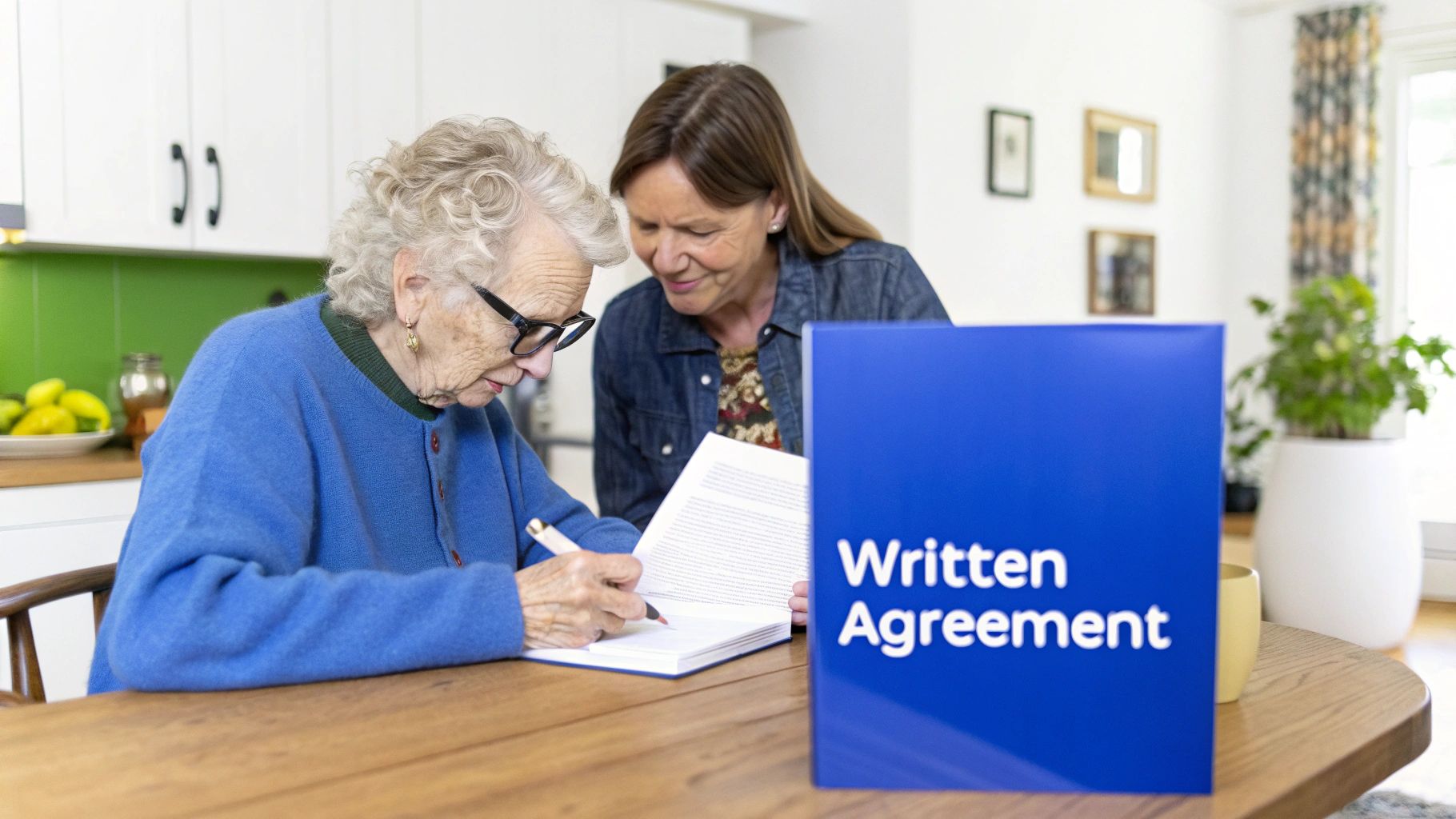 Elderly woman in glasses signing a written agreement document with a younger woman observing.