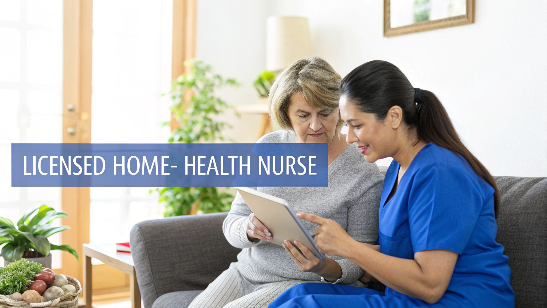 A licensed home health nurse in blue scrubs discusses something on a tablet with an older female patient on a couch.