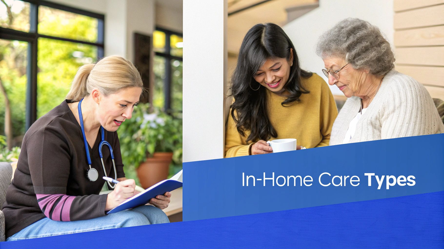 A caregiver writes notes while a younger woman assists an elderly woman, illustrating in-home care.