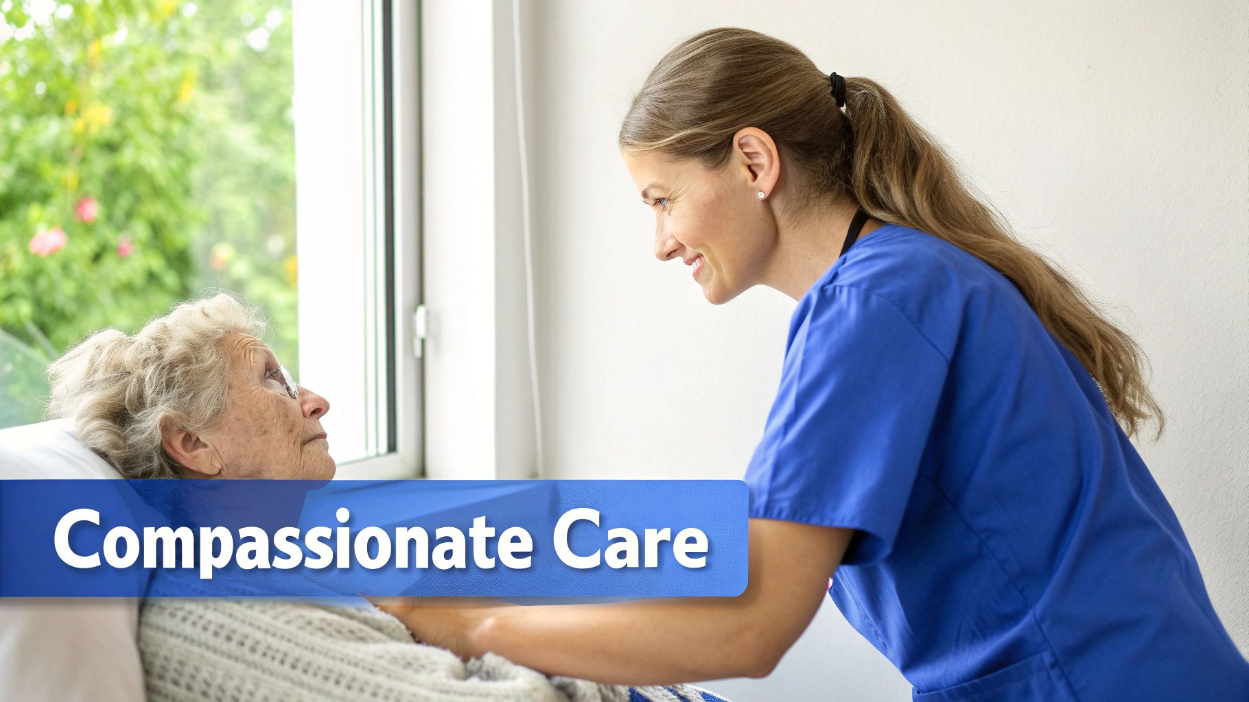 A nurse in blue scrubs smiles compassionately at an elderly woman lying in bed.