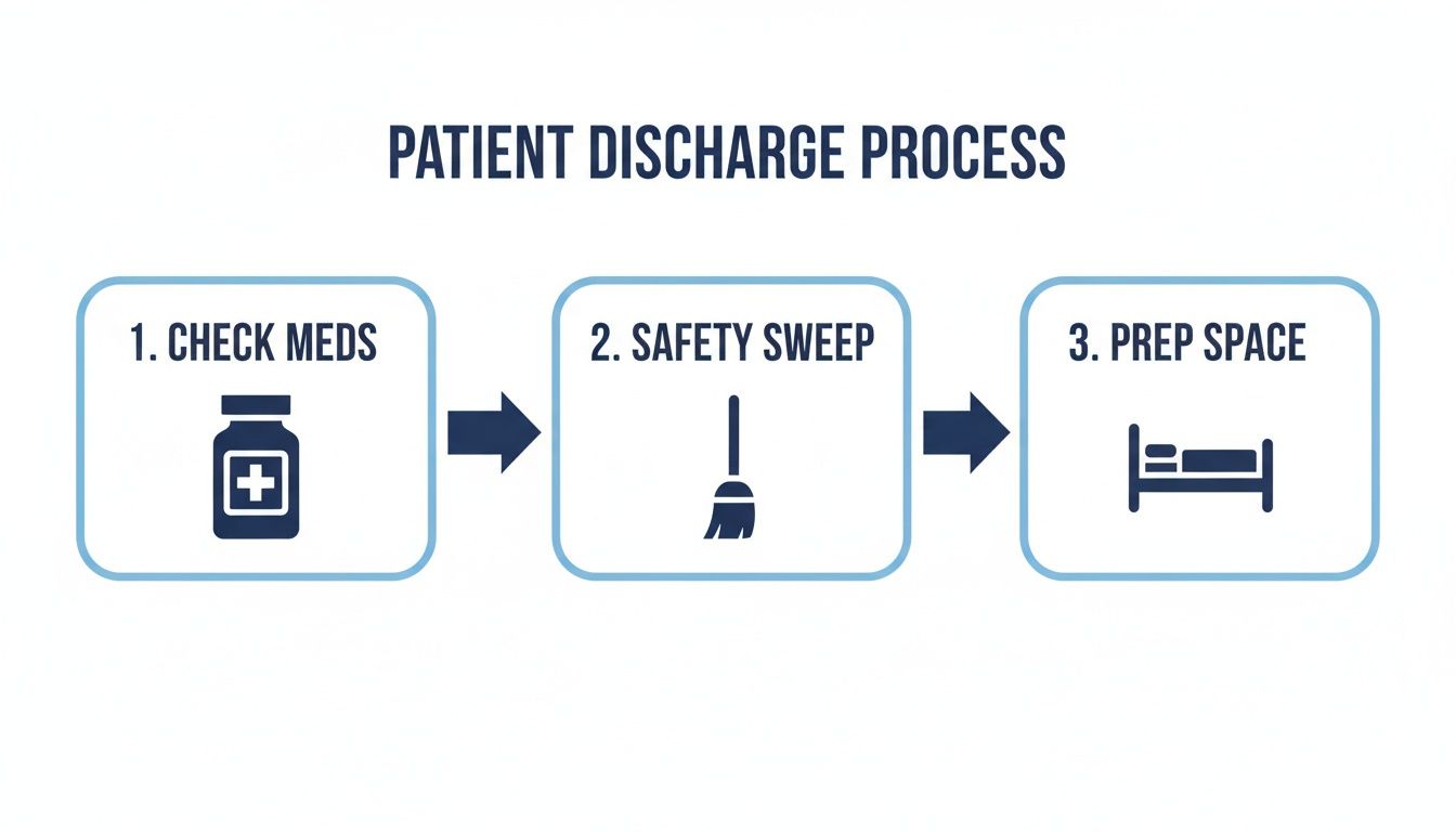 A three-step patient discharge process infographic: check meds, safety sweep, and prep space.