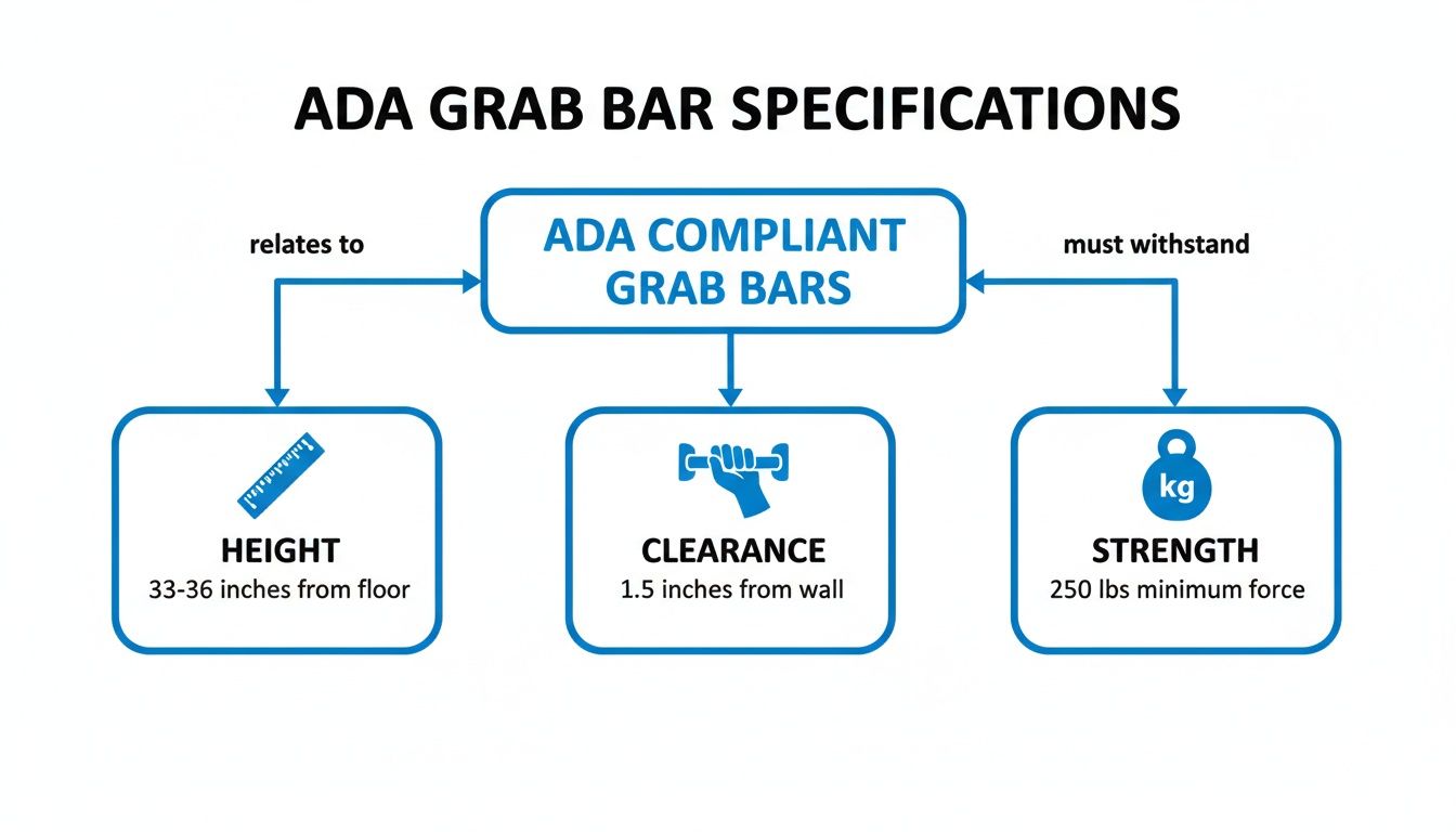 Diagram illustrating ADA compliant grab bar specifications for height (33-36 inches), clearance (1.5 inches), and strength (250 lbs minimum force).