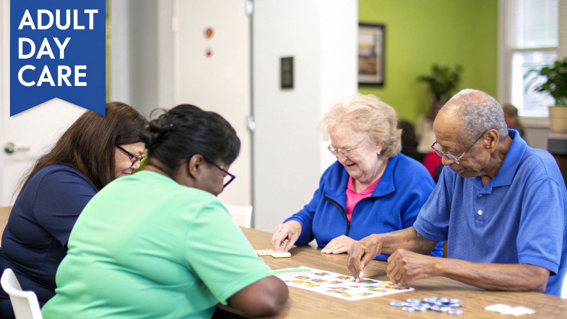 Diverse seniors happily engage in tabletop activities with staff at an adult day care facility.