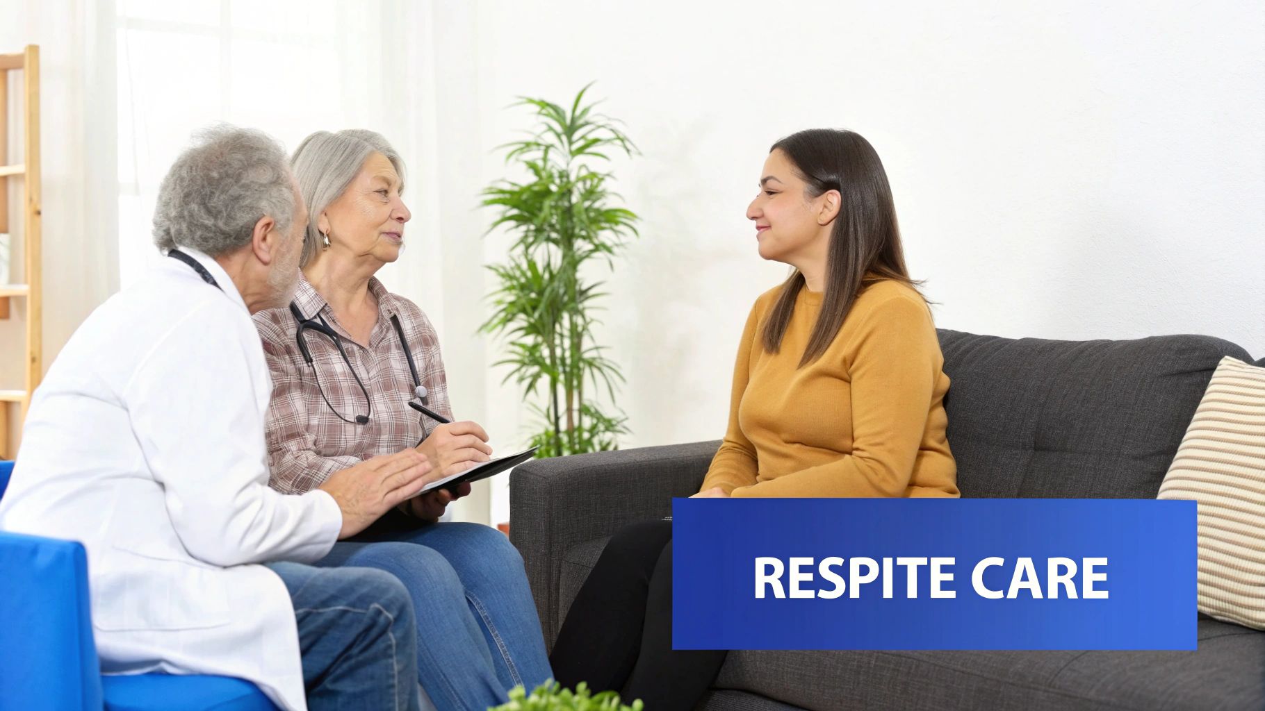 A caregiver gently assisting an elderly woman in her living room, symbolizing the support of in-home respite services.