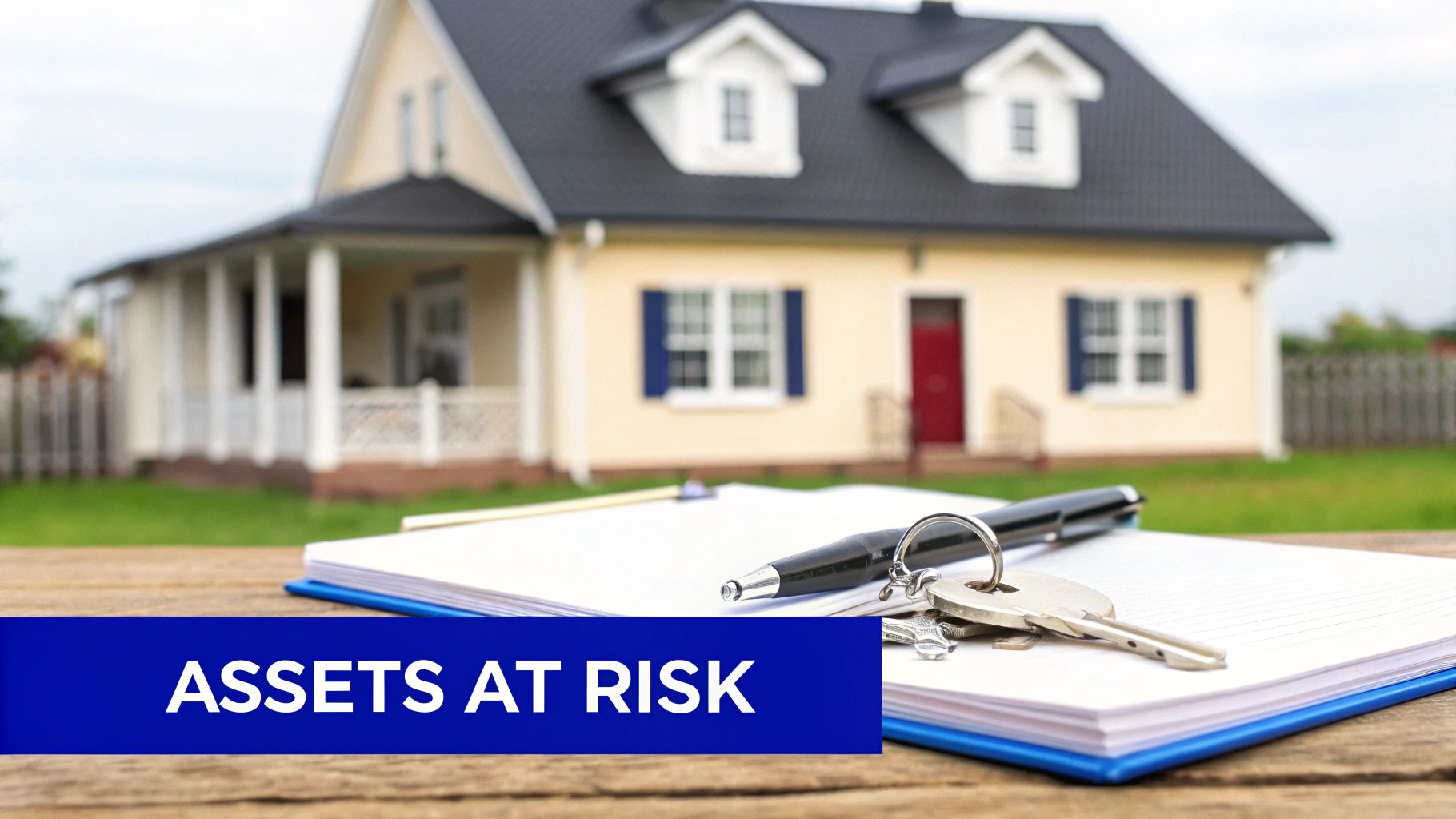 Keys, pen, and a binder on a table with a house in the background, featuring 'Assets at Risk' text.
