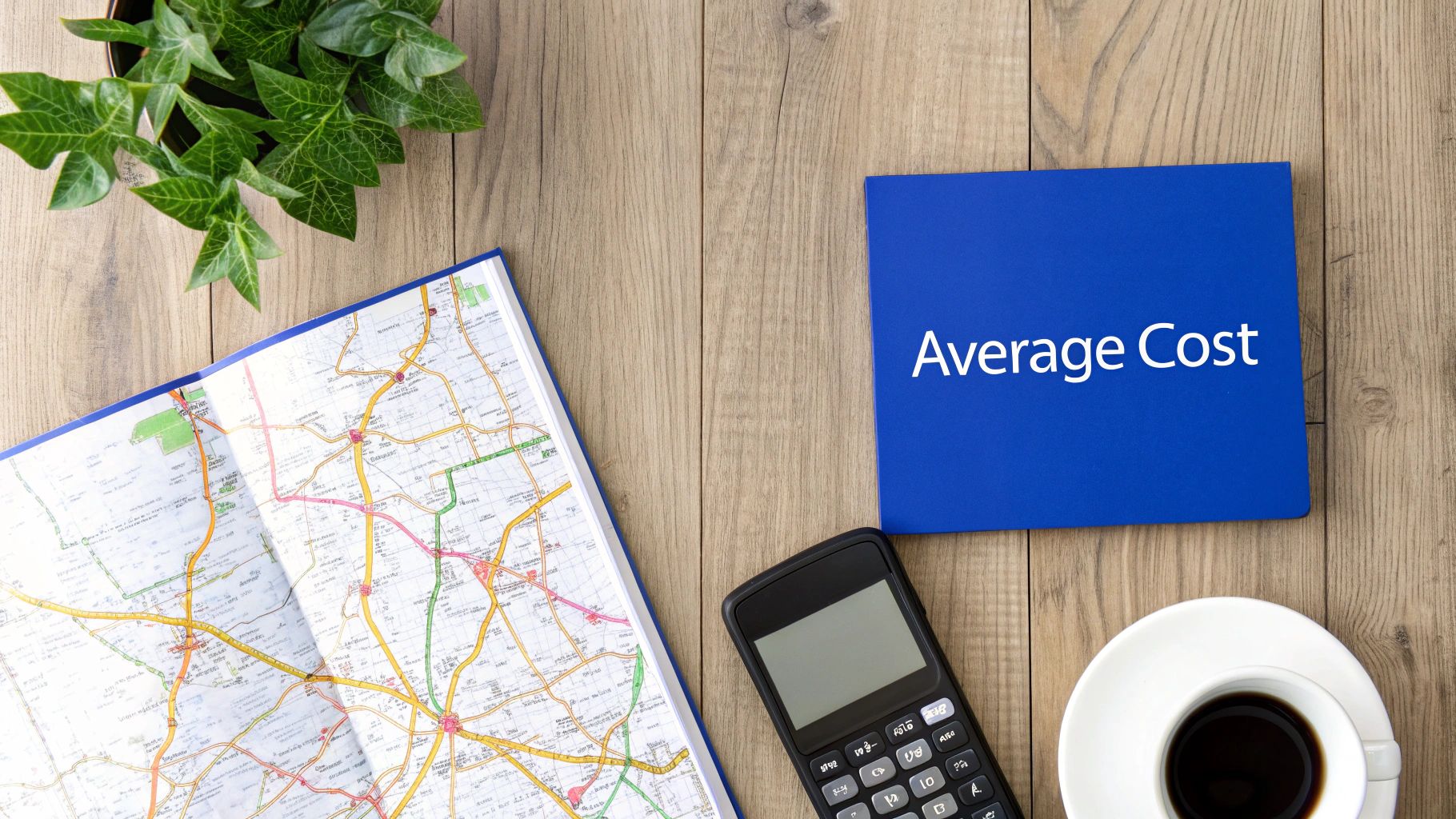 A flat lay of a blue book titled 'Average Cost', a map, a calculator, and a coffee cup on a wooden table.