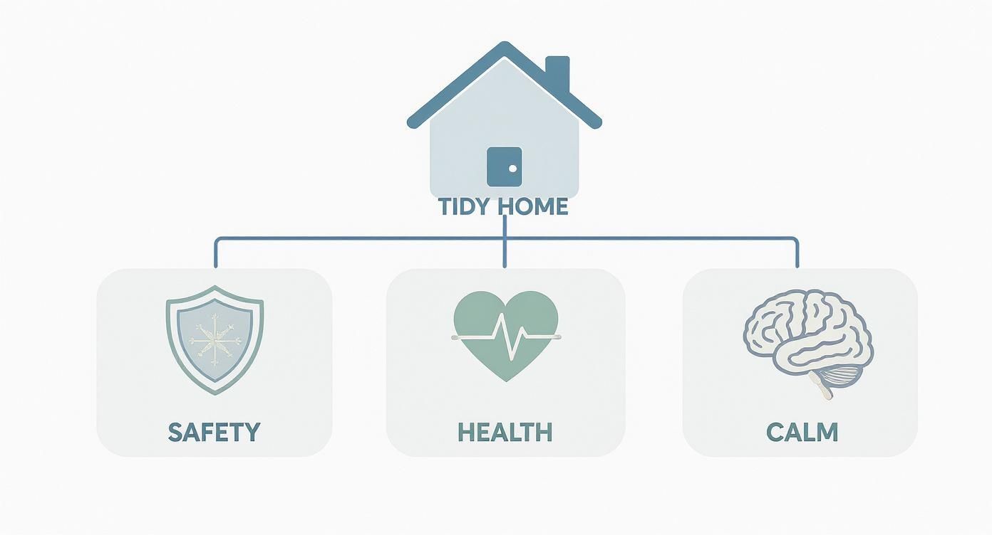 Infographic showing tidy home benefits for seniors including safety, health, and calm with icons