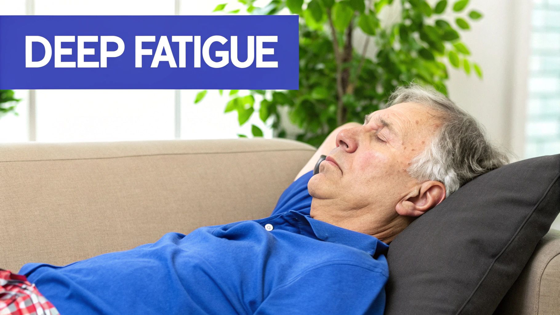 A senior man looking tired and holding his back in discomfort.