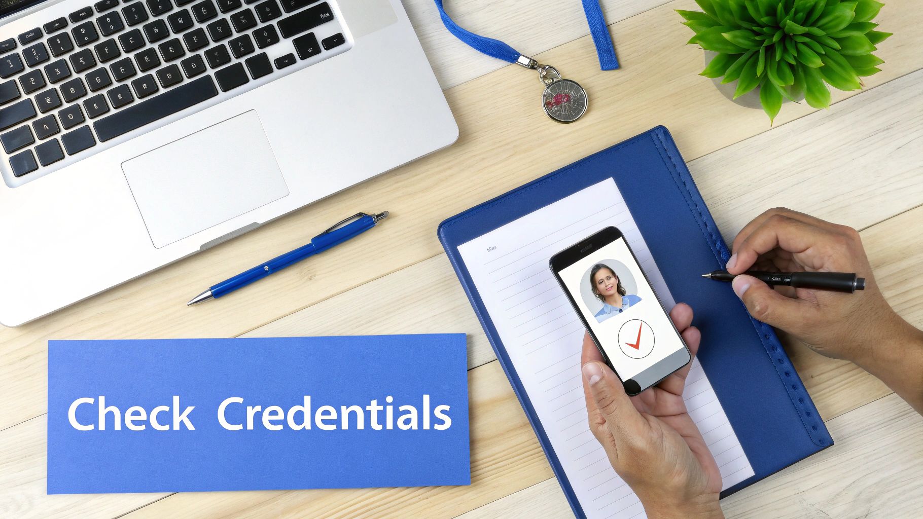 Overhead view of a desk with a person holding a phone showing credentials, writing, laptop, and 'Check Credentials' banner.