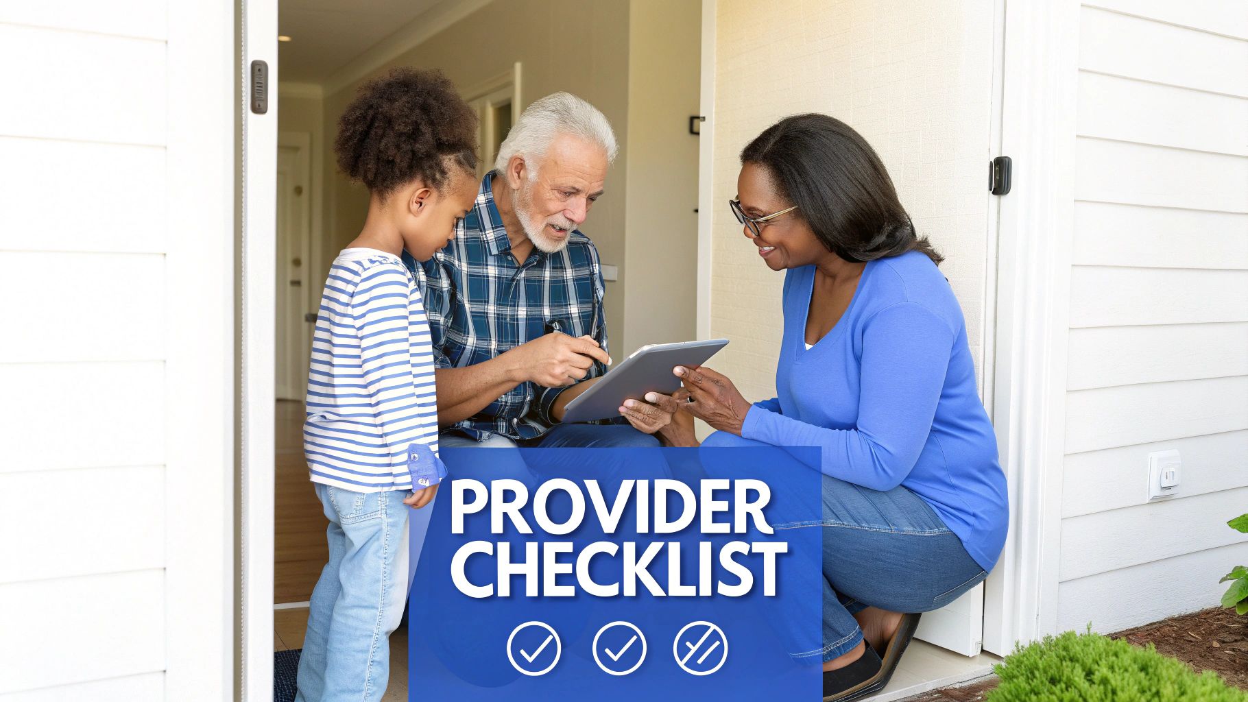 A home care provider helps an elderly man sign a digital checklist while a child watches.