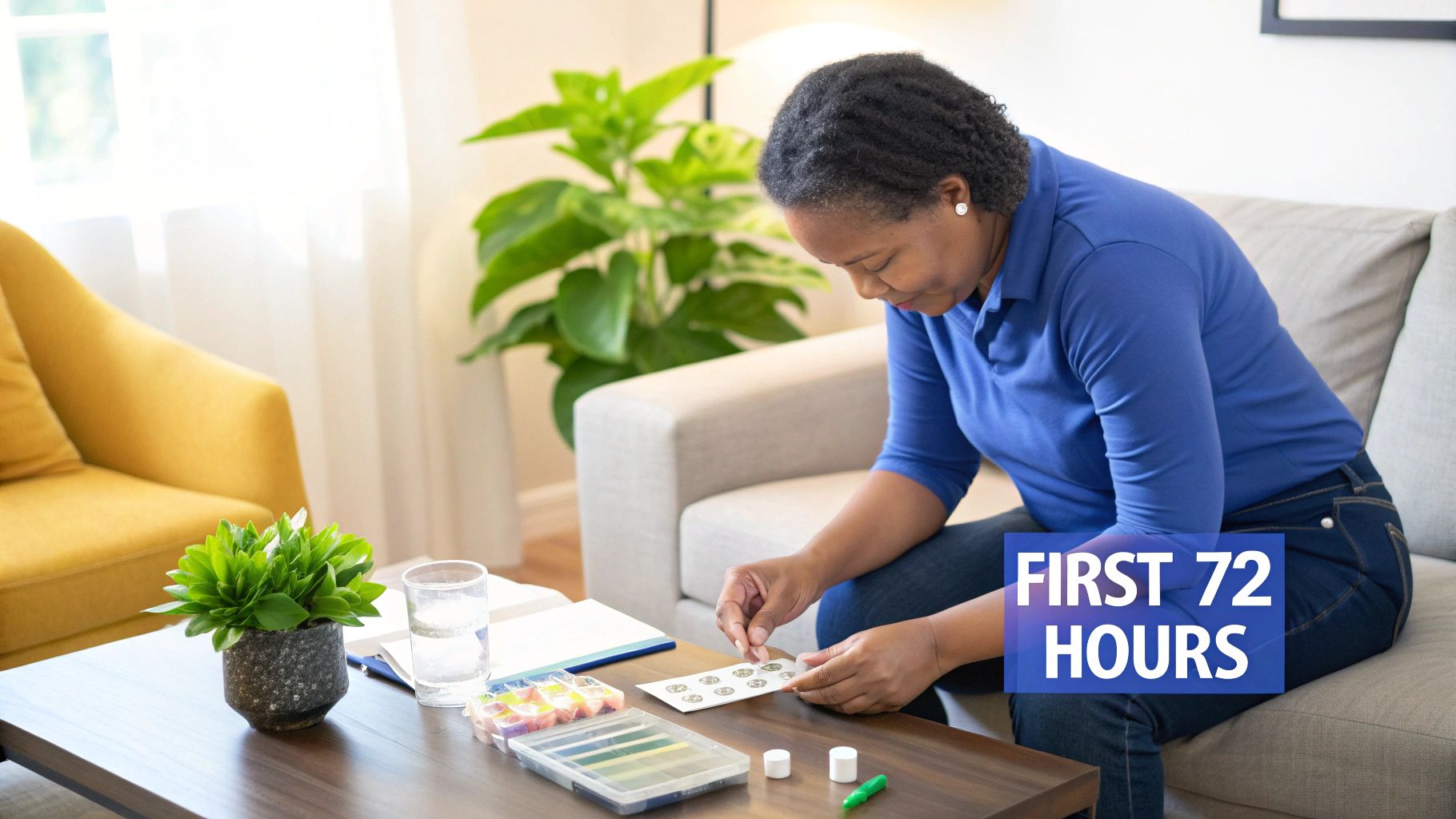 An African American woman performs rehabilitation exercises on a table during stroke patient care at home.