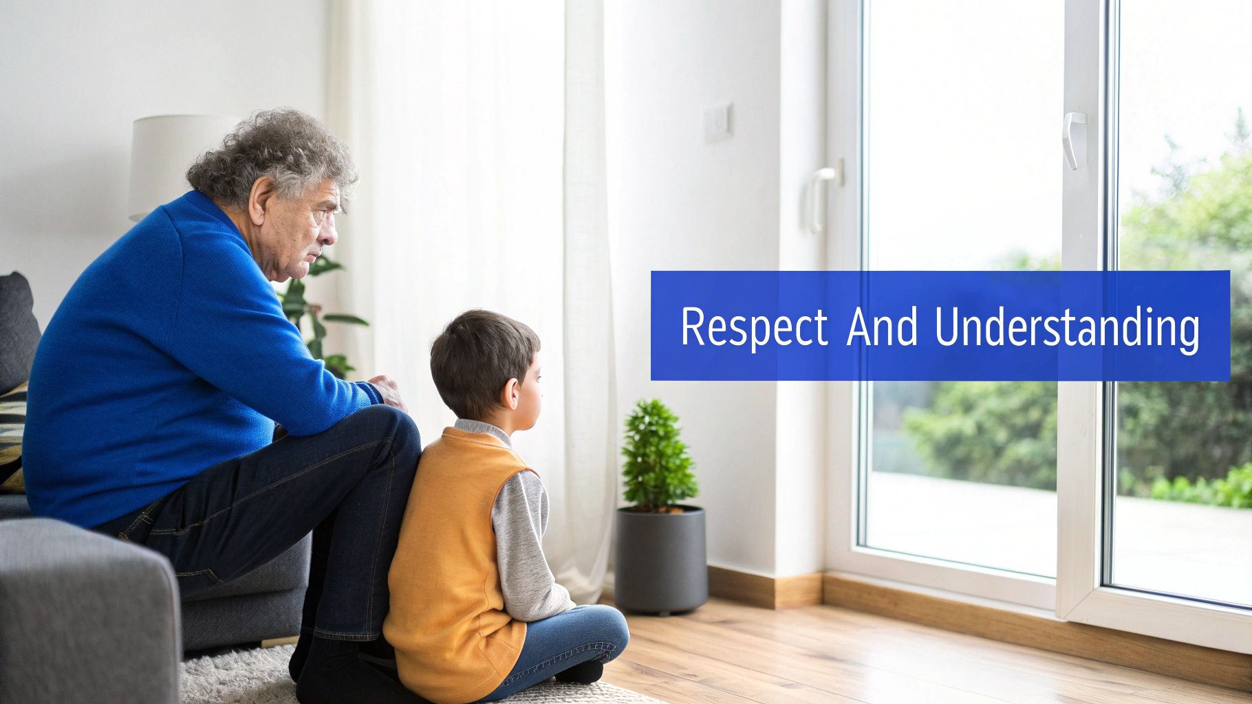 An older man and a young boy sit quietly together, looking out a bright window, sharing a moment.