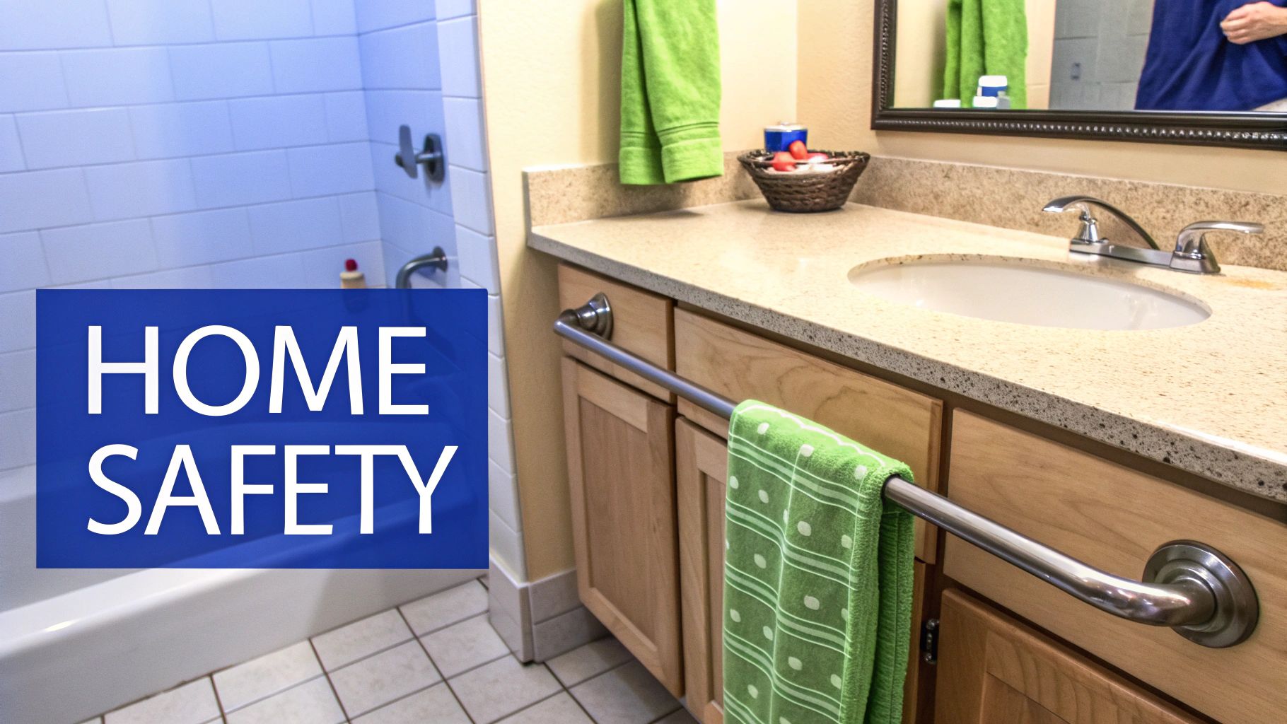 A clean, accessible bathroom with grab bars and a shower chair.