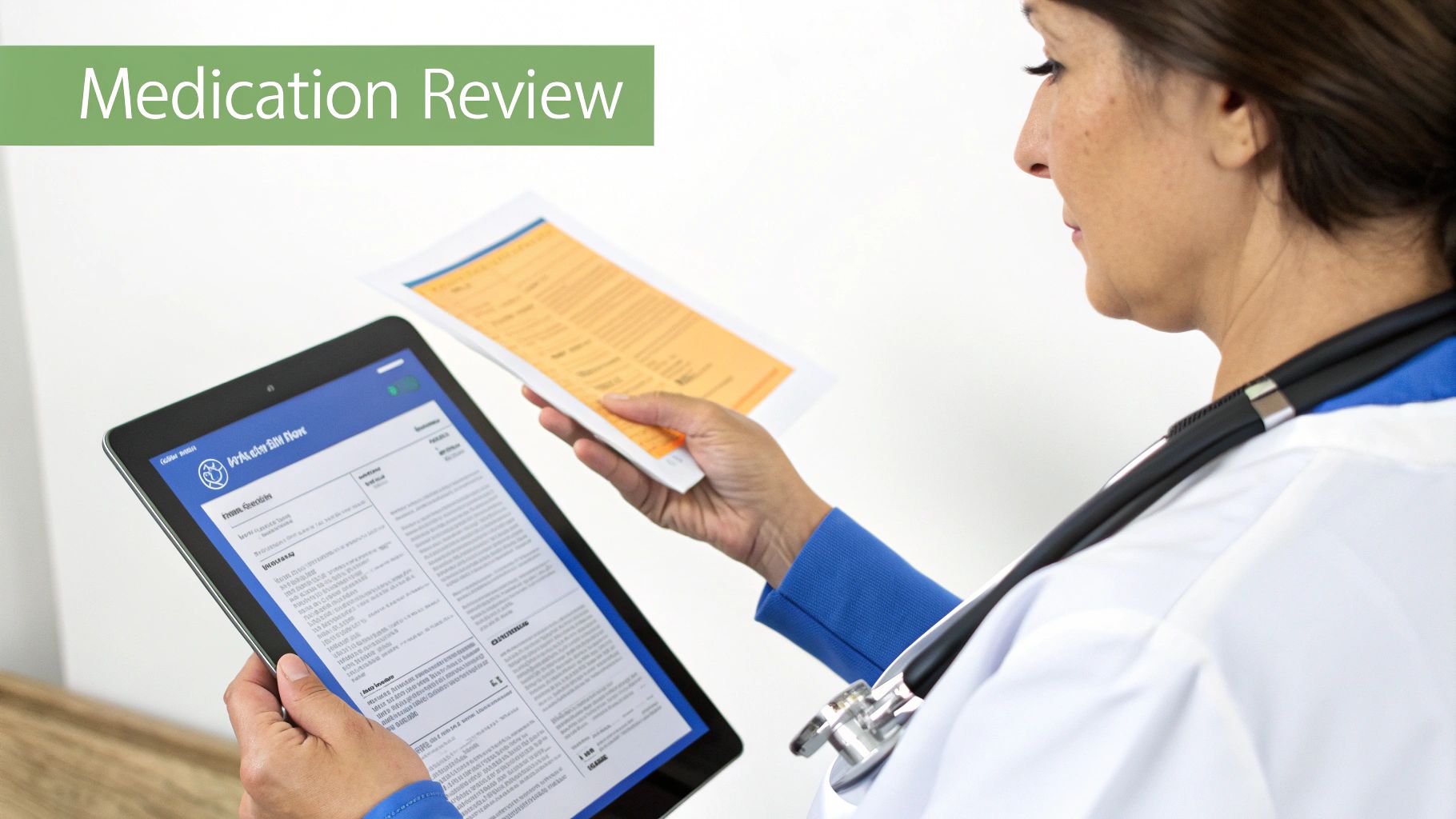 A pharmacist and a nurse reviewing a patient's medication chart, symbolizing the medication reconciliation process.