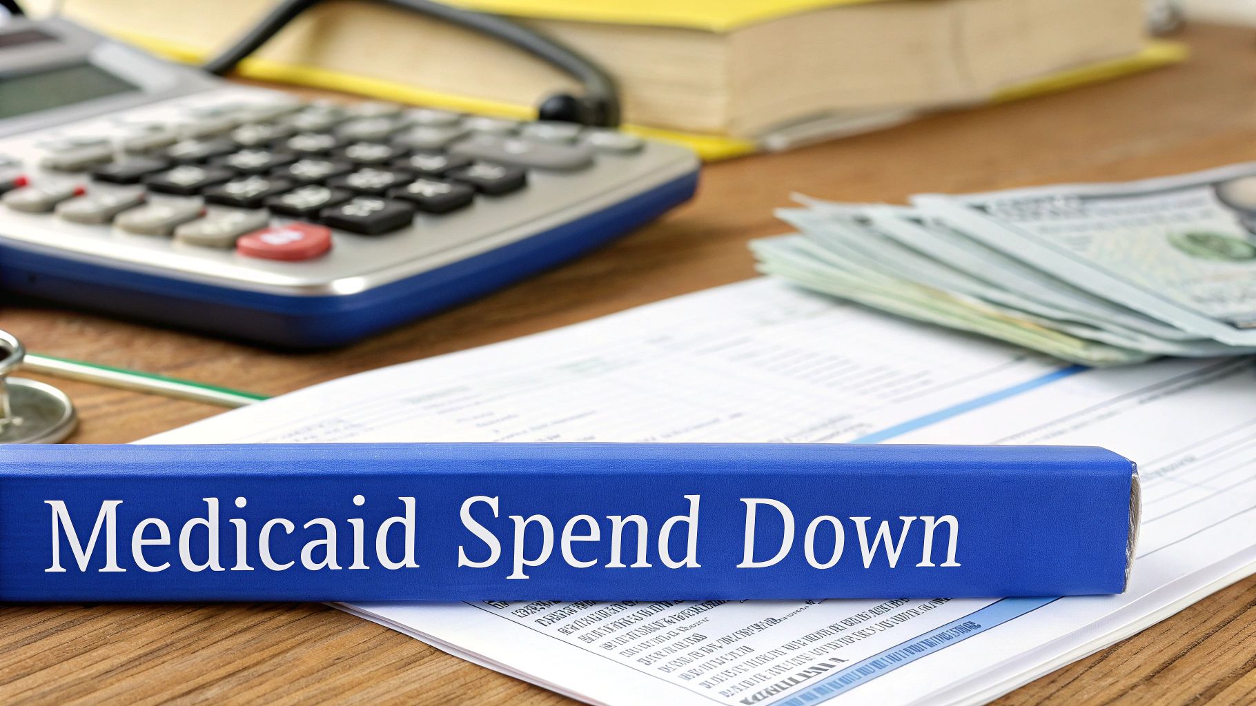Two people reviewing financial documents with a calculator on a desk.