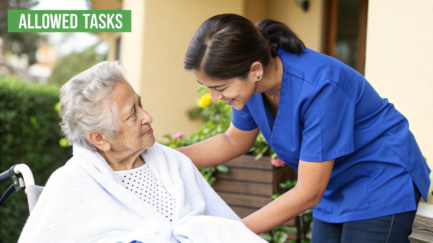 A home health aide assists an elderly man with his daily routine, highlighting personal care tasks.