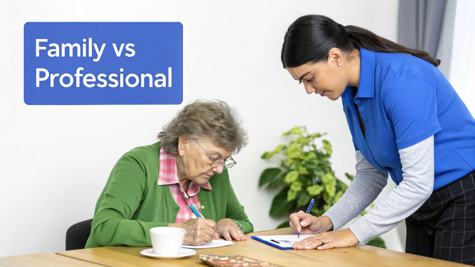 An older woman and a professional caregiver are writing at a table, with 'Family vs Professional' text.