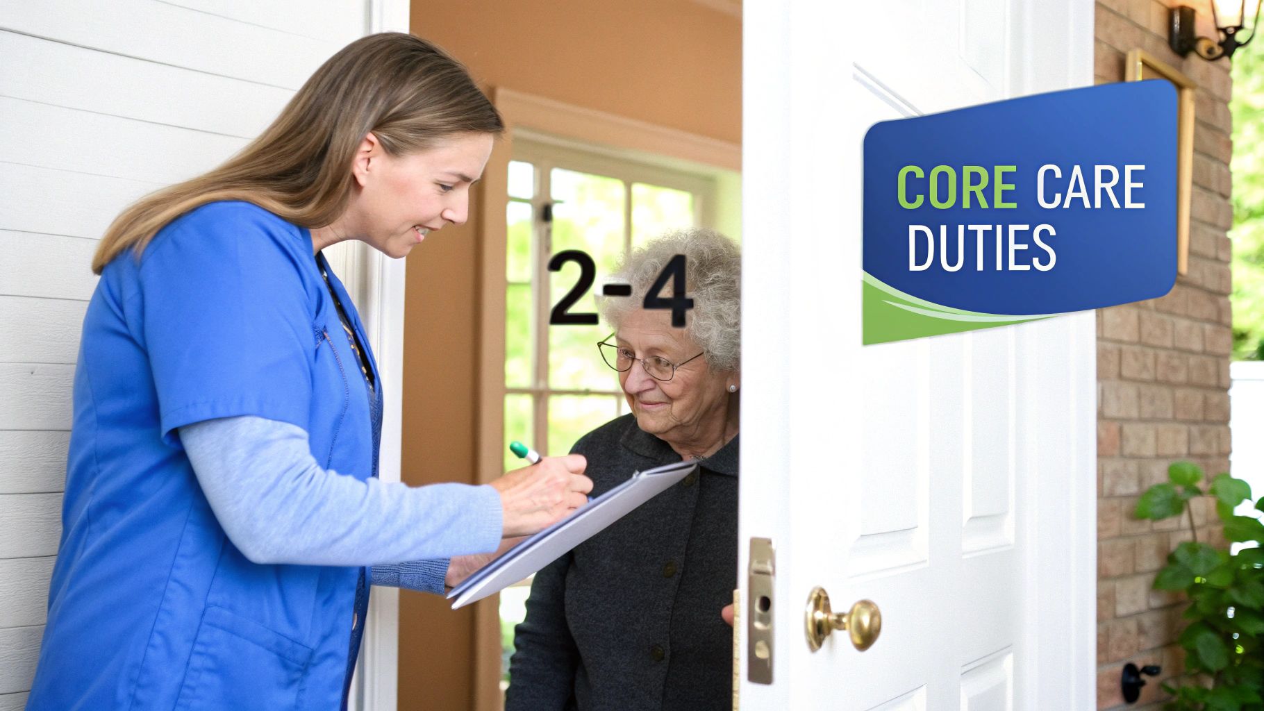 A smiling home health aide in blue scrubs helps an elderly woman at her home with paperwork.