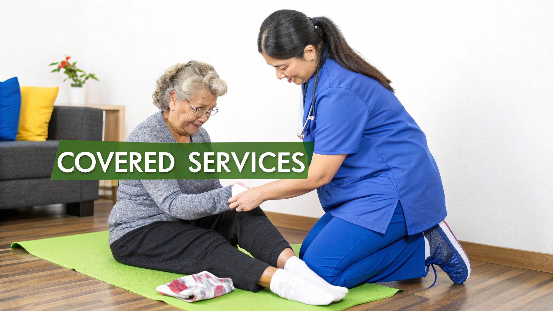 A compassionate caregiver assisting an elderly woman with walking in her home.